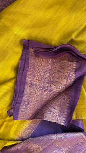 Tussar Silk Banarasi - Lemon Ochre Purple Antique Zari