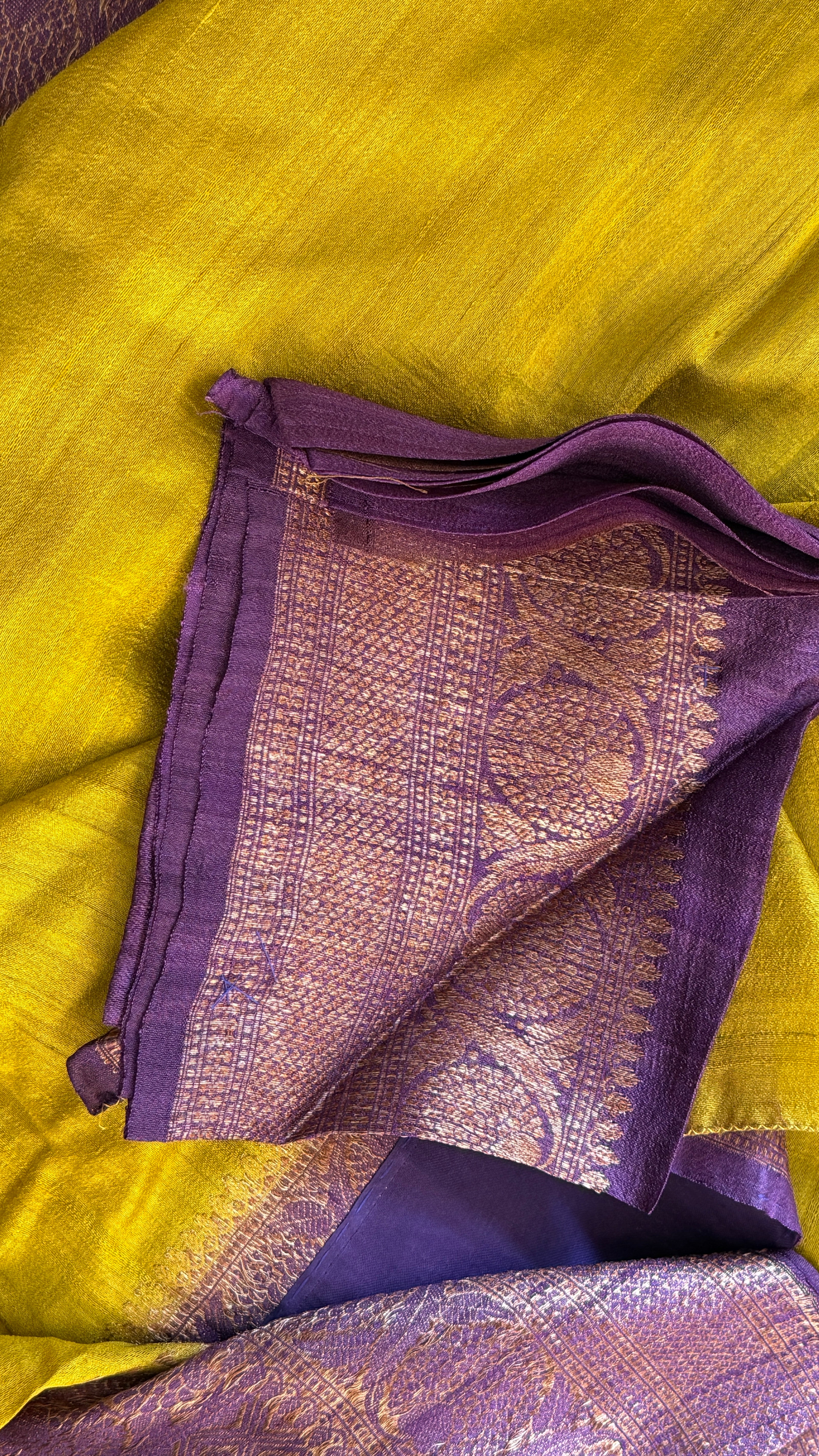 Tussar Silk Banarasi - Lemon Ochre Purple Antique Zari