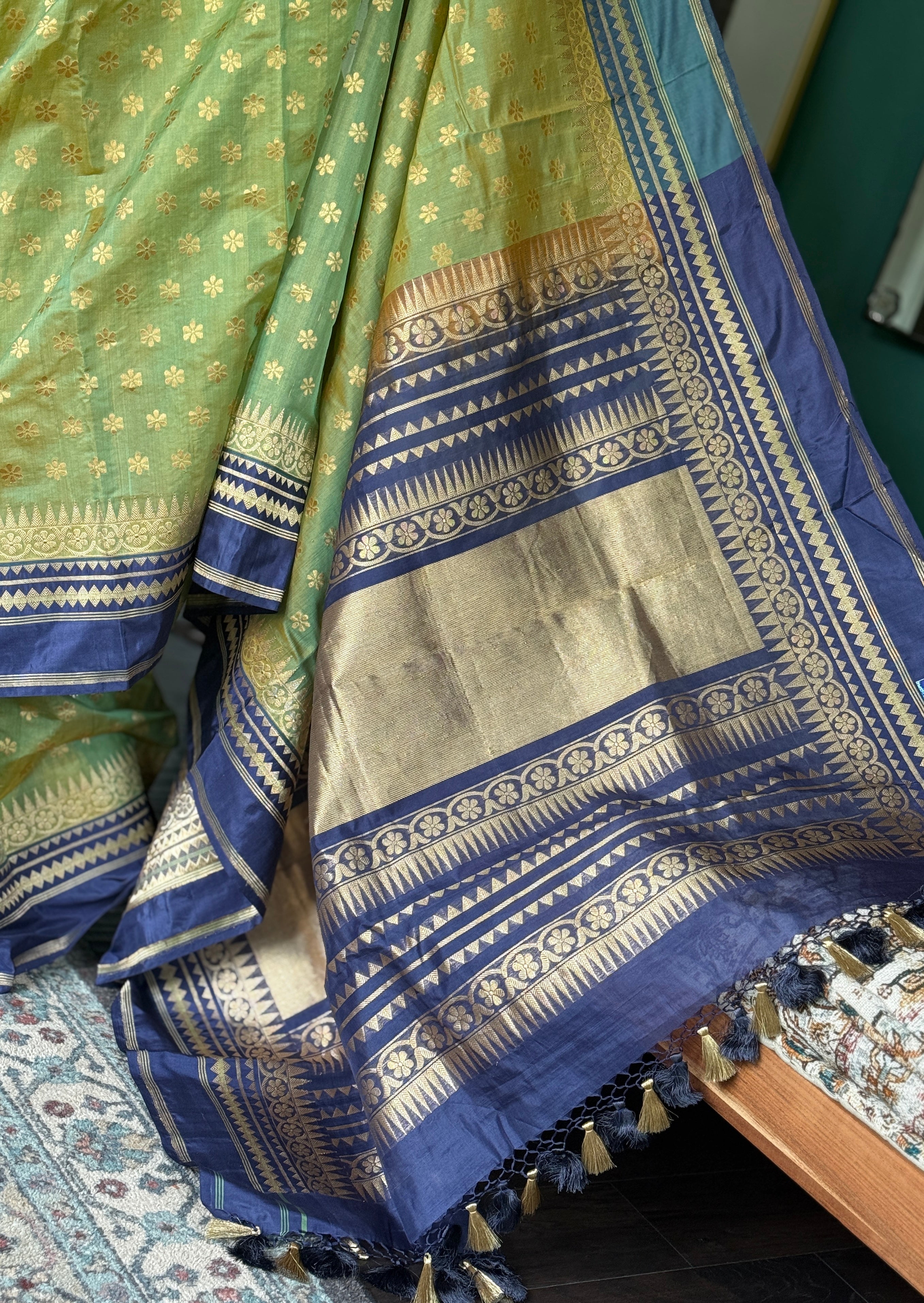 Organza Katan Silk Banarasi -  Pista Green Blue Kadwa