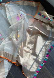 Handwoven Pure Tissue Net Organza Silk Saree with Zari Border & Multicolor Floral Motifs – Lightweight Festive Wear | Ships from USA