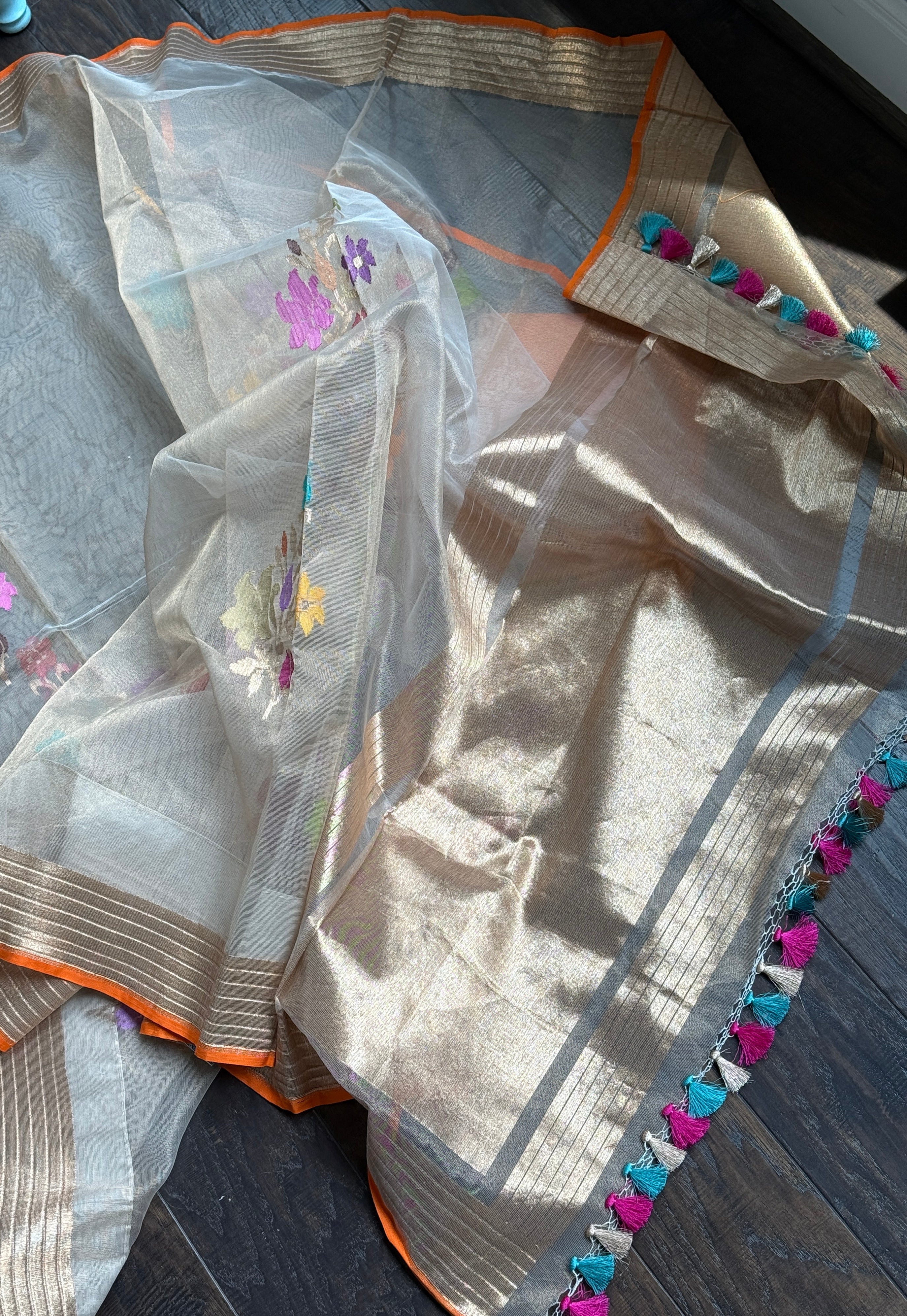 Handwoven Pure Tissue Net Organza Silk Saree with Zari Border & Multicolor Floral Motifs – Lightweight Festive Wear | Ships from USA