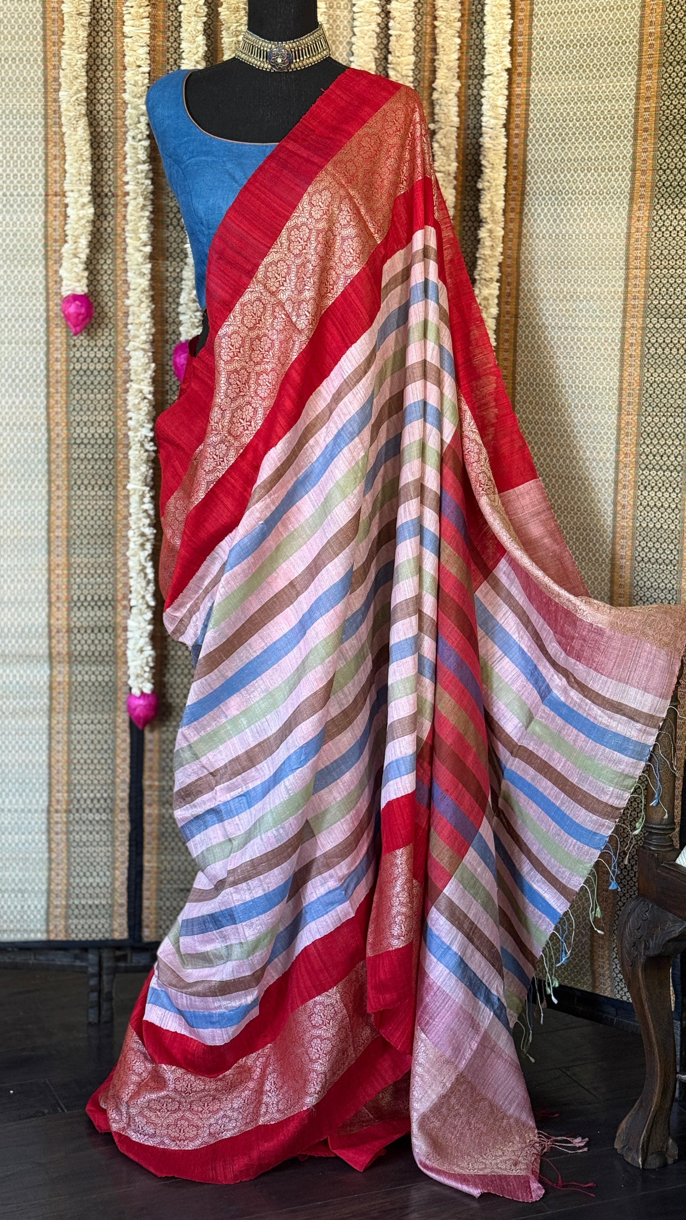 Pure Matka Tussar Silk - Light Pink Red Striped
