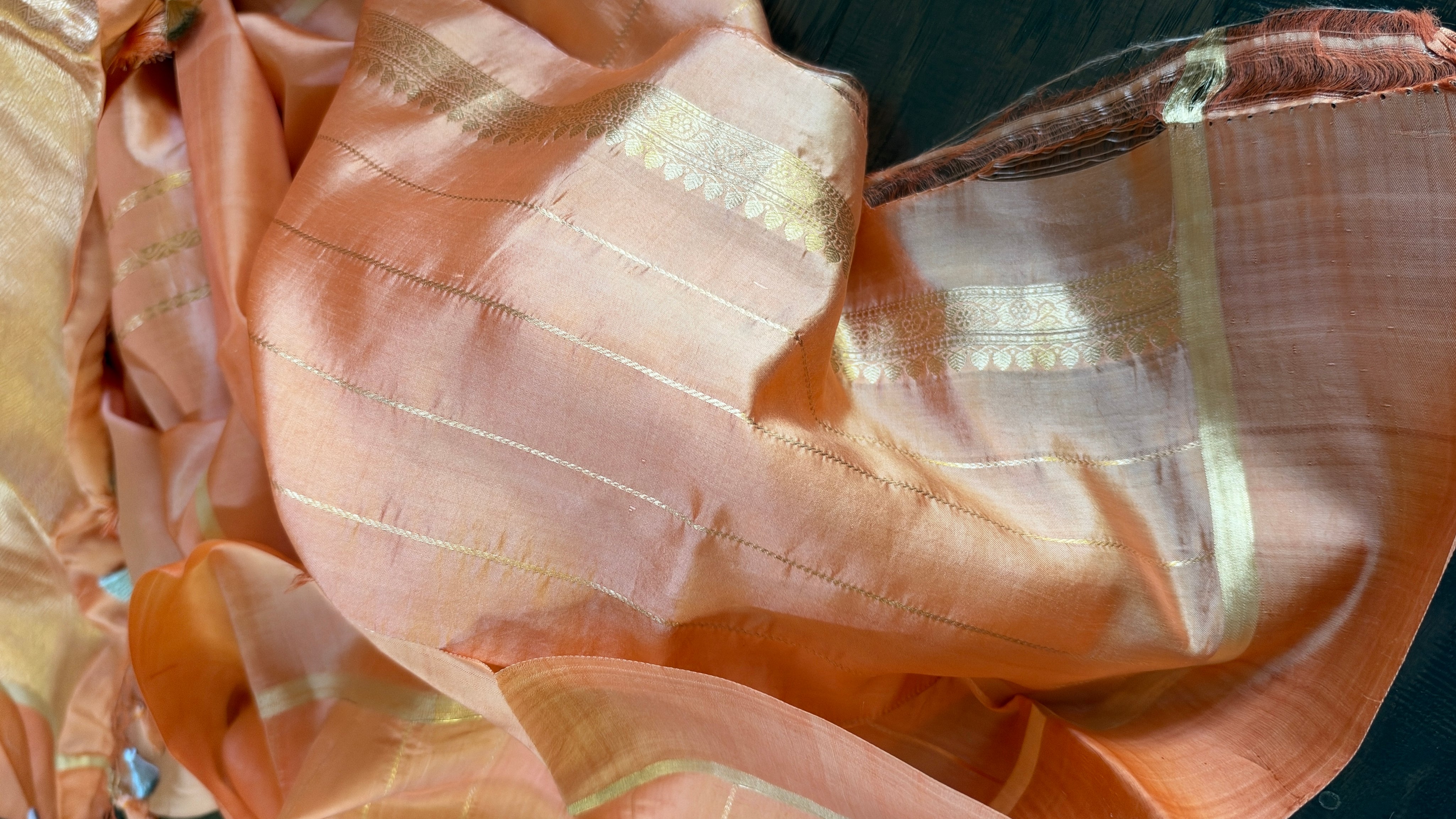 Pure Silk Banarasi Khadhua - Peach Golden Zari