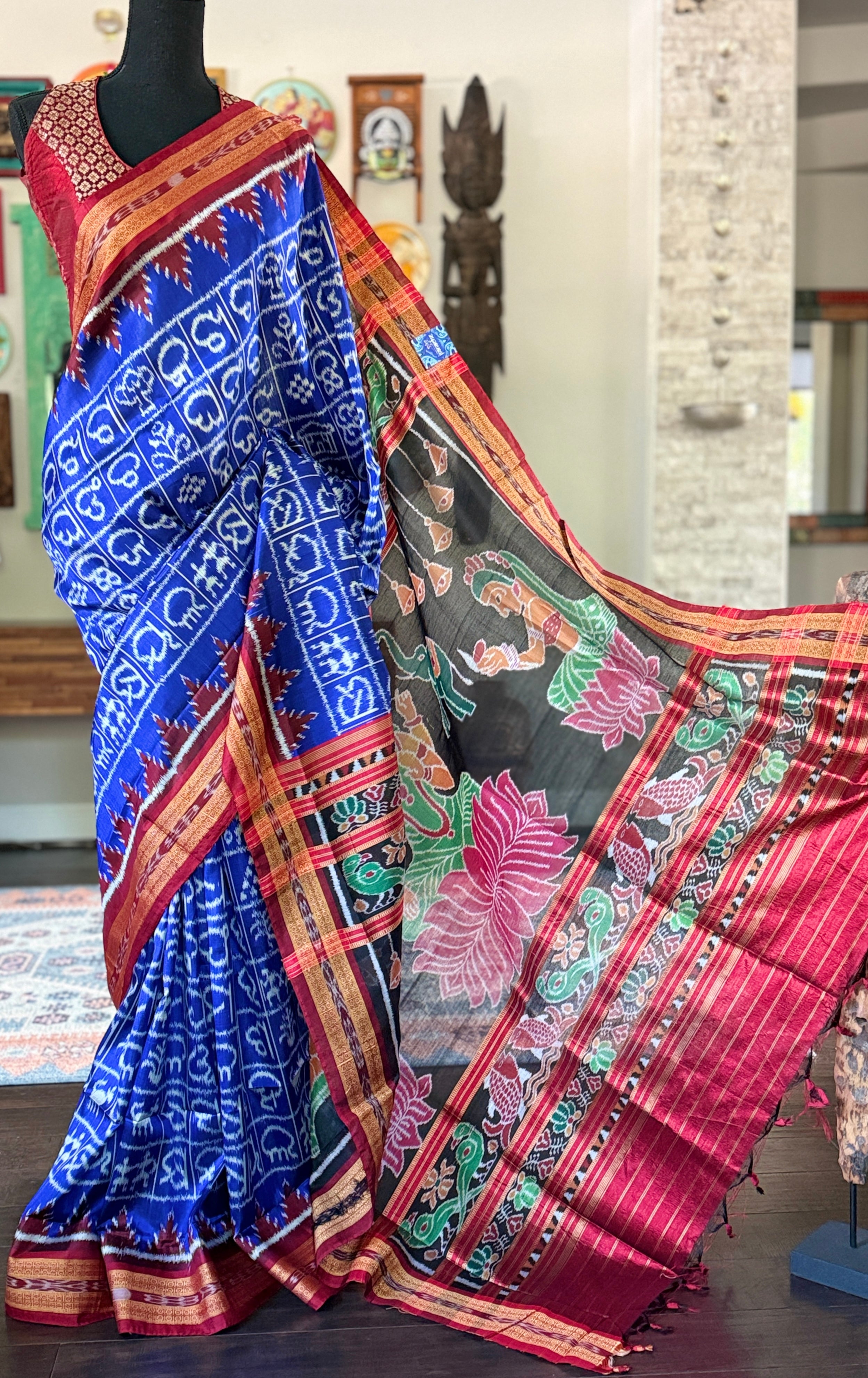 Pure Silk Sambalpuri Double ikat  - Royal Blue Maroon