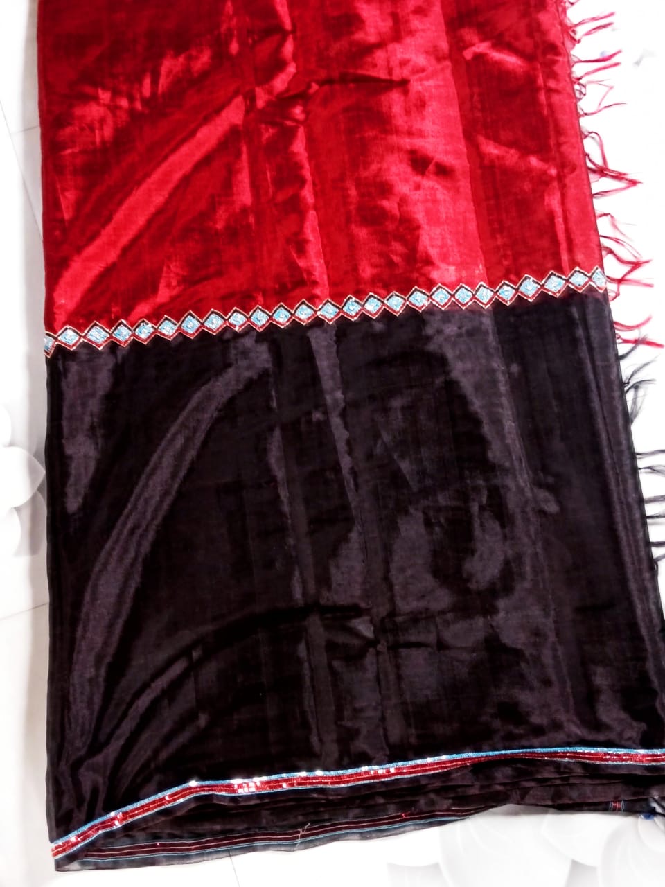 Pure Chanderi Cotton Tissue Silk - Black Red Hand Zardozi