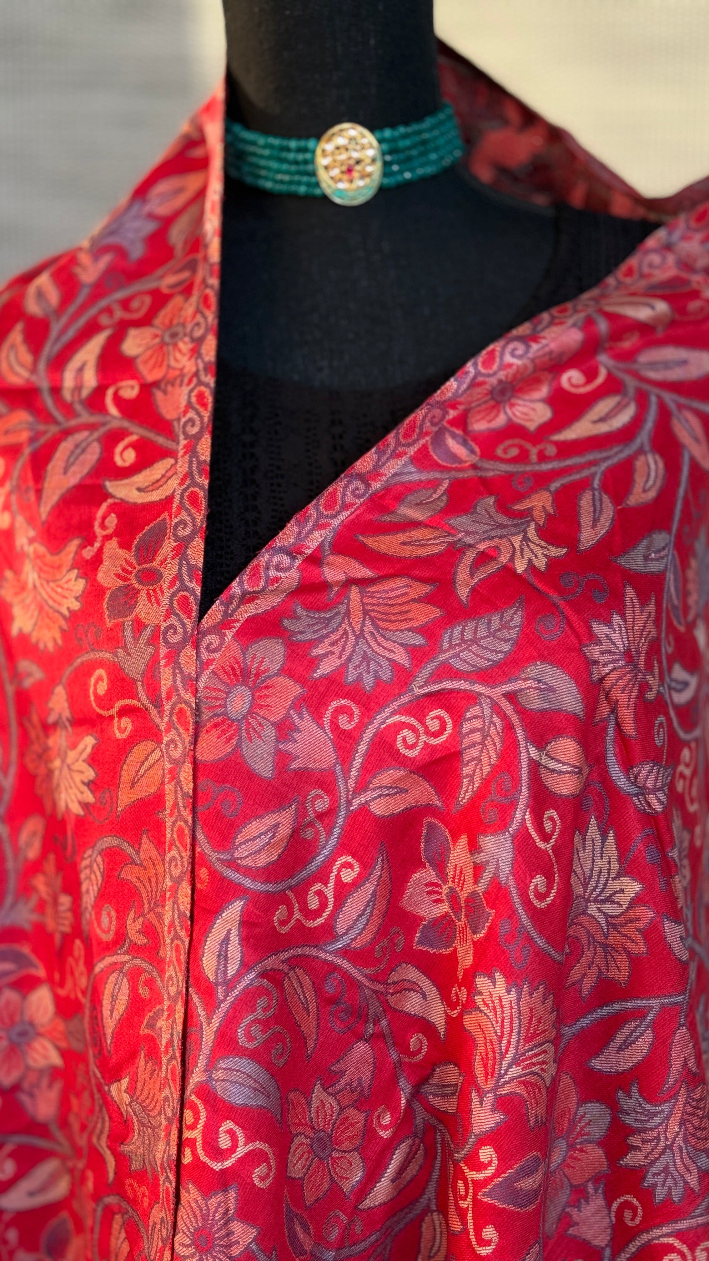 Kashmiri Semi Pashmina Stole - Red Multi 1 Resham Woven