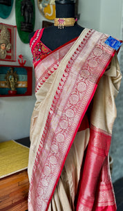 Tussar Silk Banarasi - Tan Beige Red
