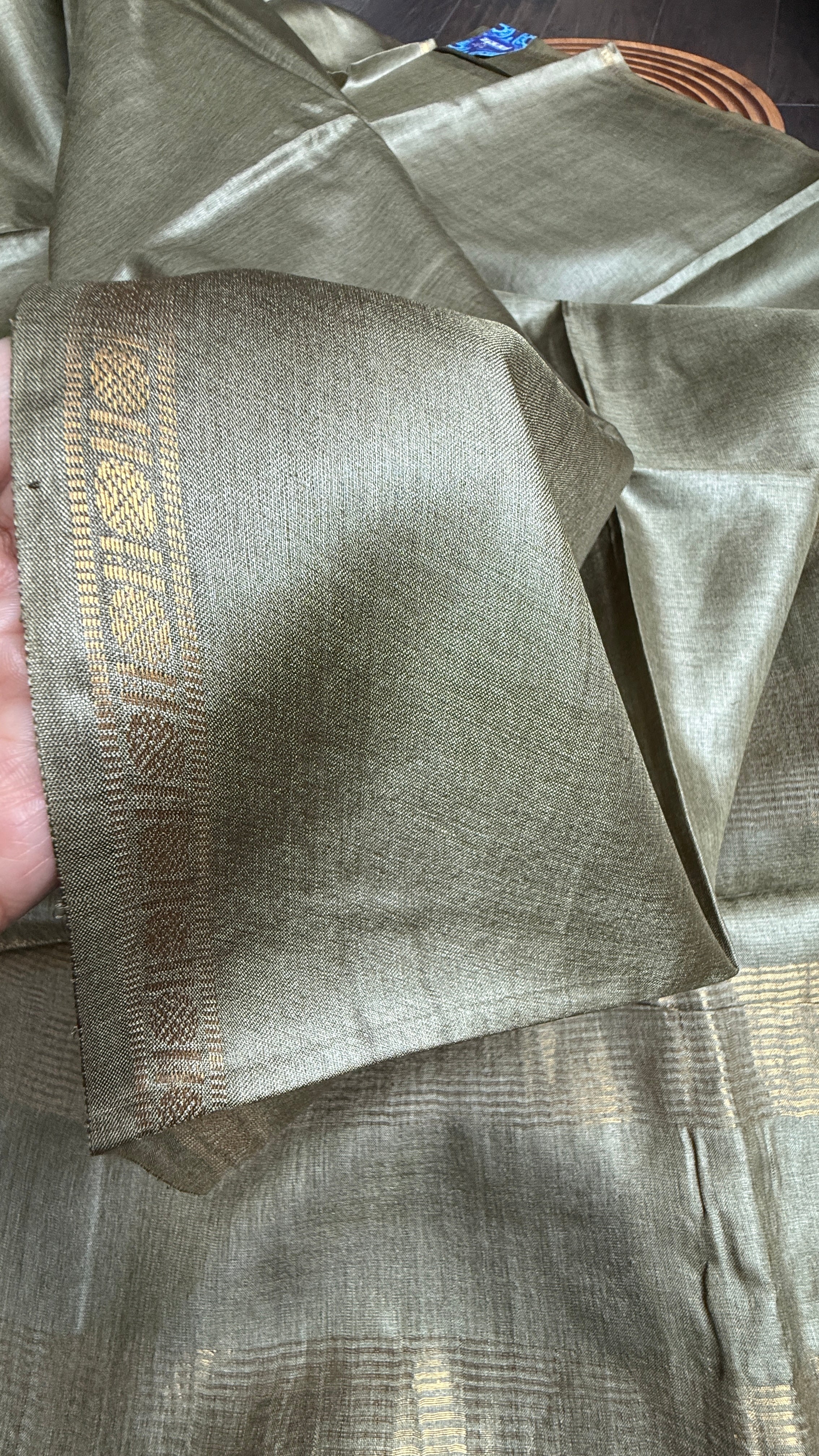 Handwoven Tussar Silk - Light Henna Green Golden Zari