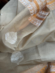 Organza Silk Banarasi - Tan Beige Orange Kadwa Motifs