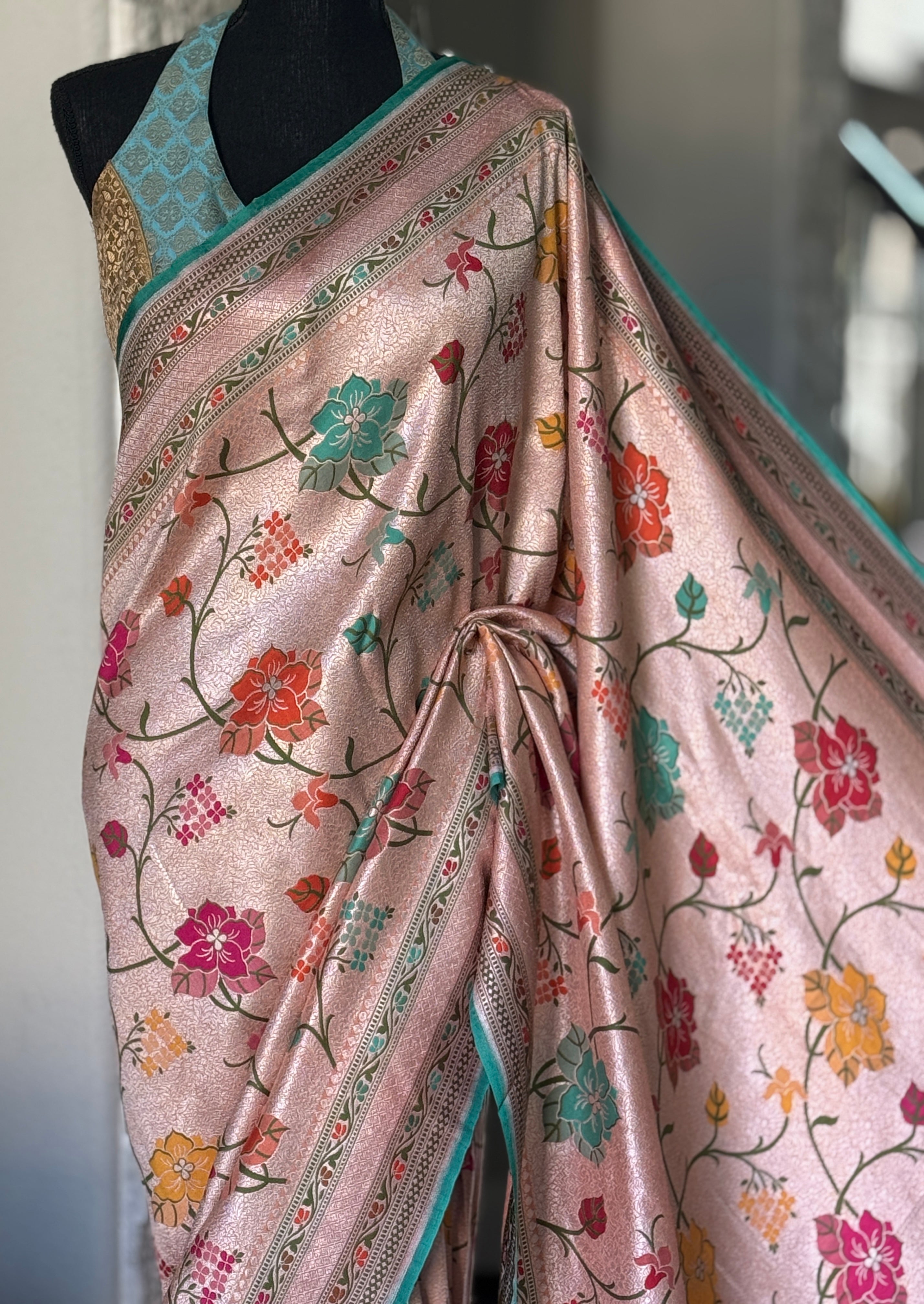 Khaddi Tussar Banarasi -  Peach Sea Meenakari