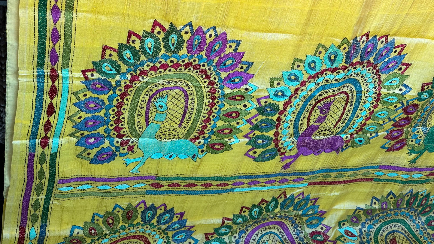 Pure Tussar Silk Kantha Stitch - Yellow