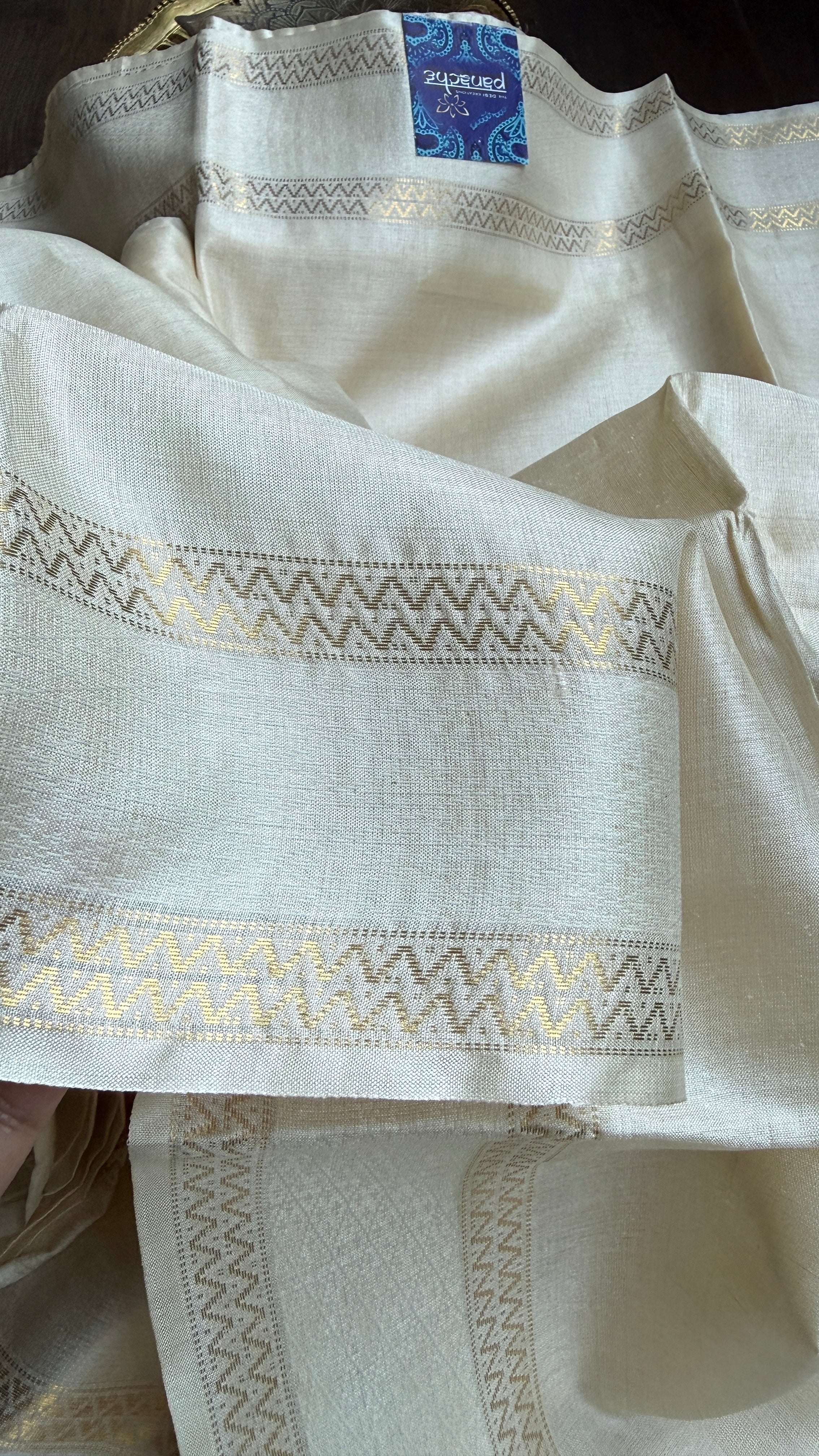 Pure Tussar Silk - Cream Beige Golden Zari Woven3