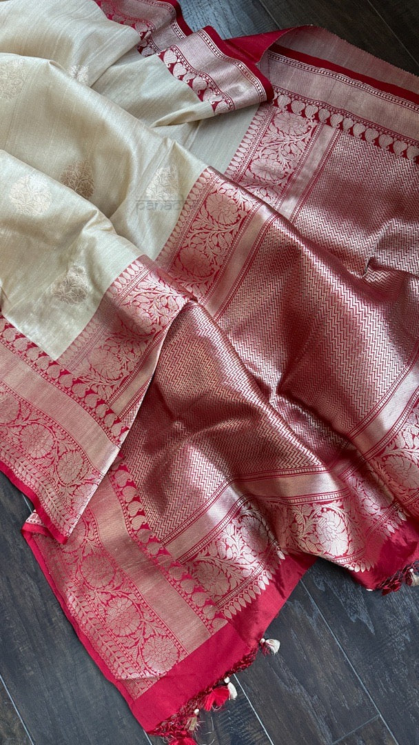 Tussar Silk Banarasi - Tan Beige Red