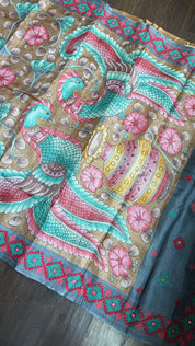 Tussar Silk Pen Kalamkari - Brown Hand Kutch Embroidered