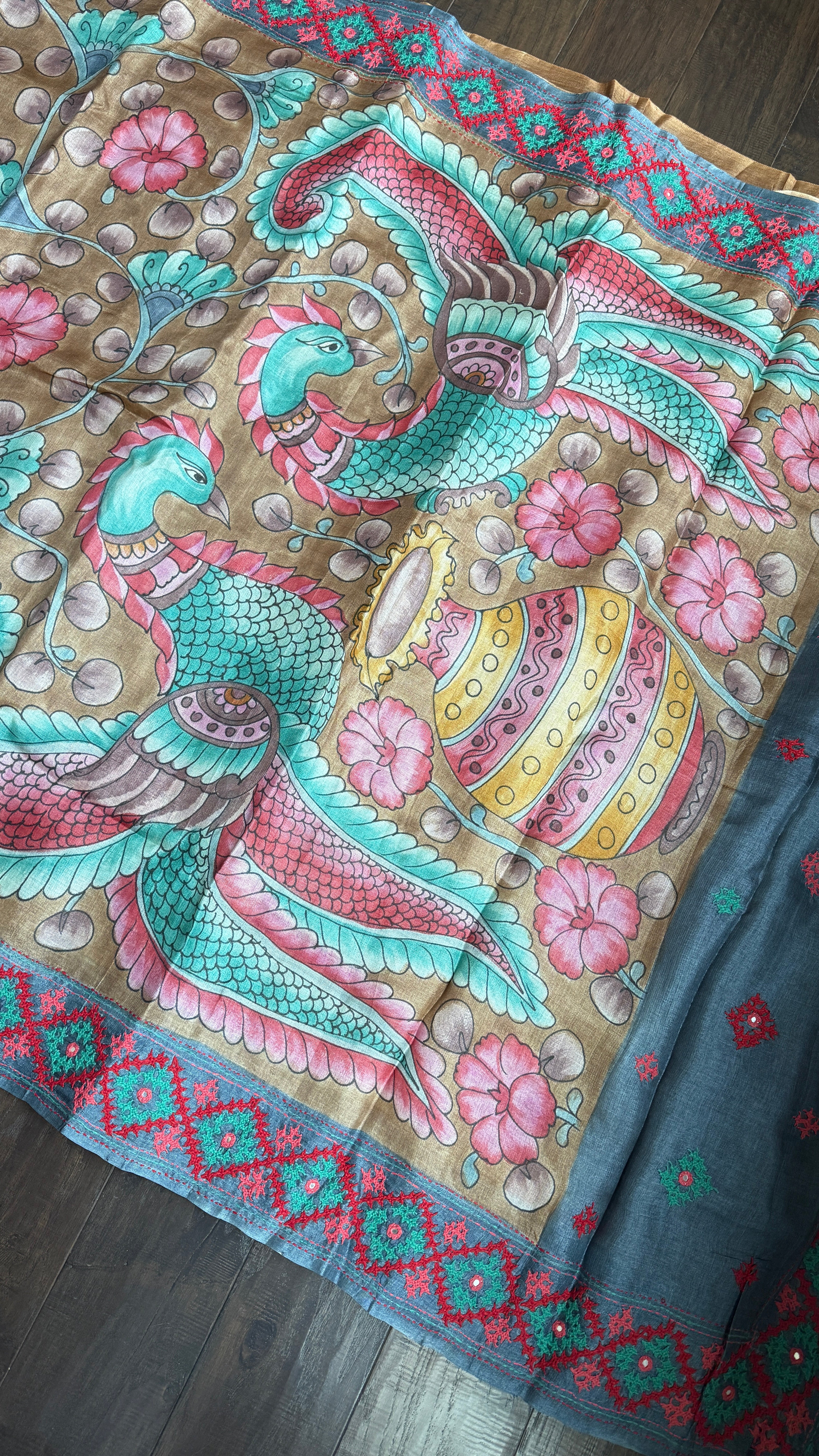 Tussar Silk Pen Kalamkari - Brown Hand Kutch Embroidered