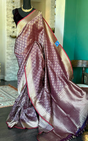 Pure Silk Brocade Banarasi- Plum Golden Zari