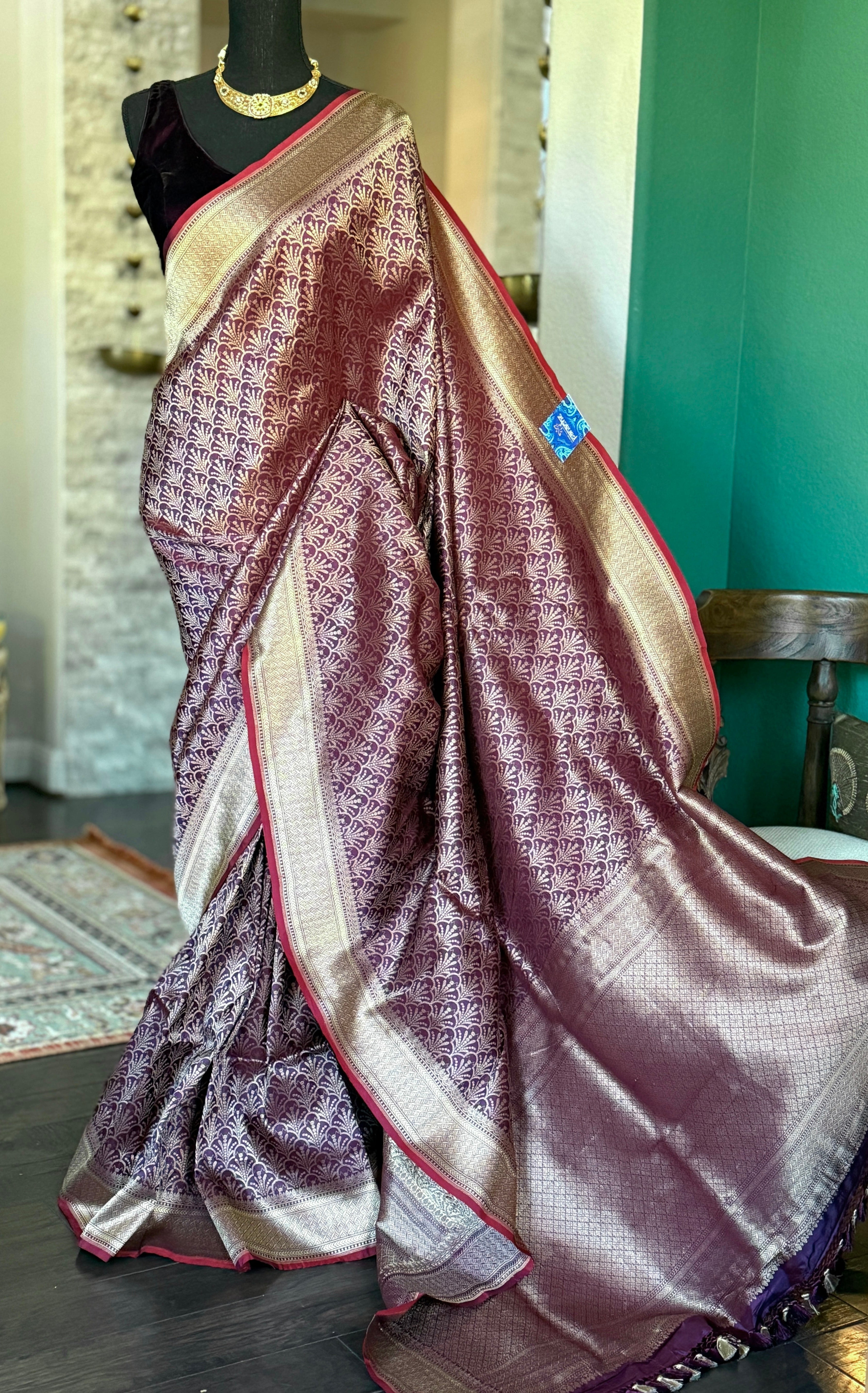 Pure Silk Brocade Banarasi- Plum Golden Zari