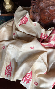Pure Tussar Silk Jamdaani - Beige Red