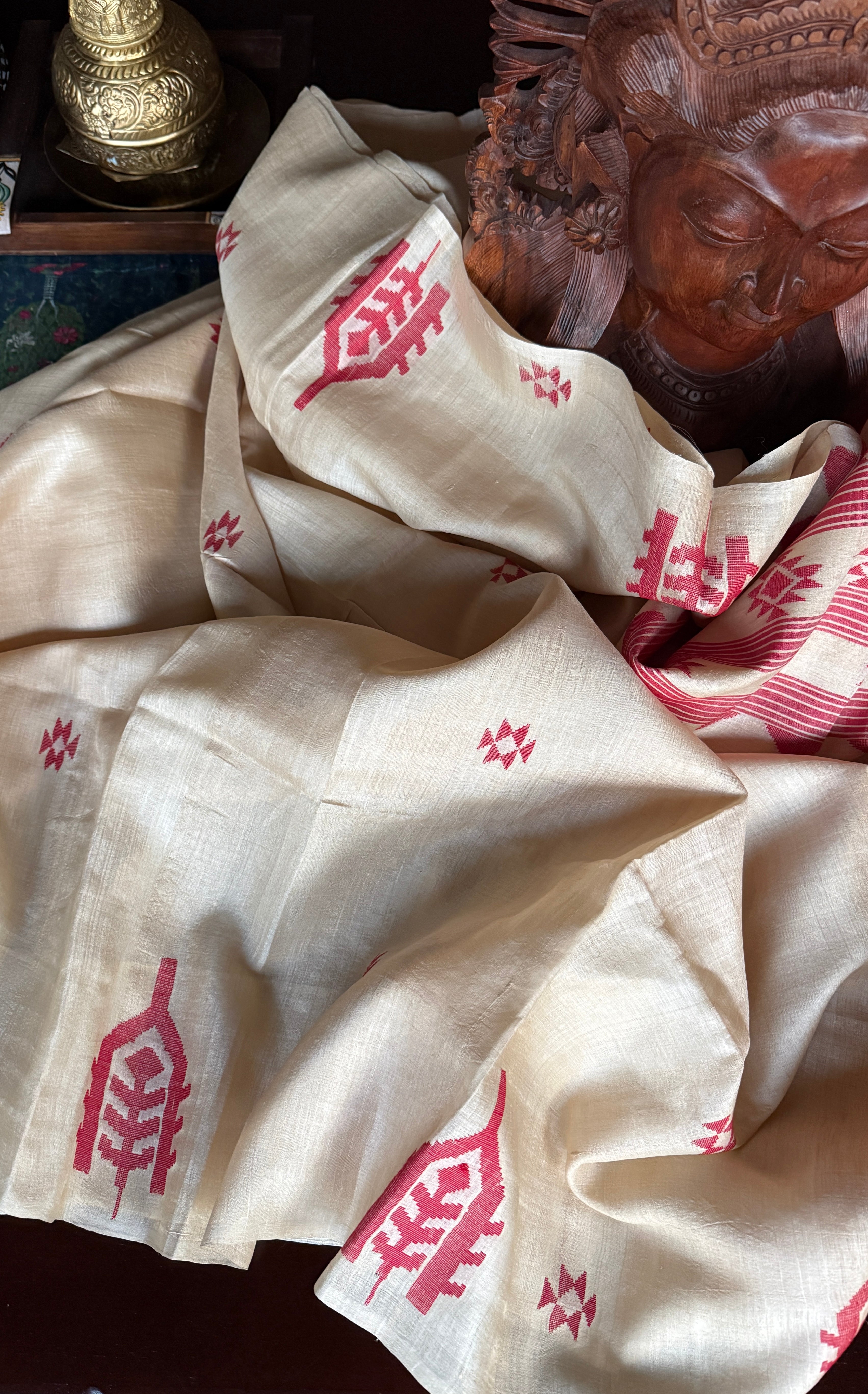 Pure Tussar Silk Jamdaani - Beige Red