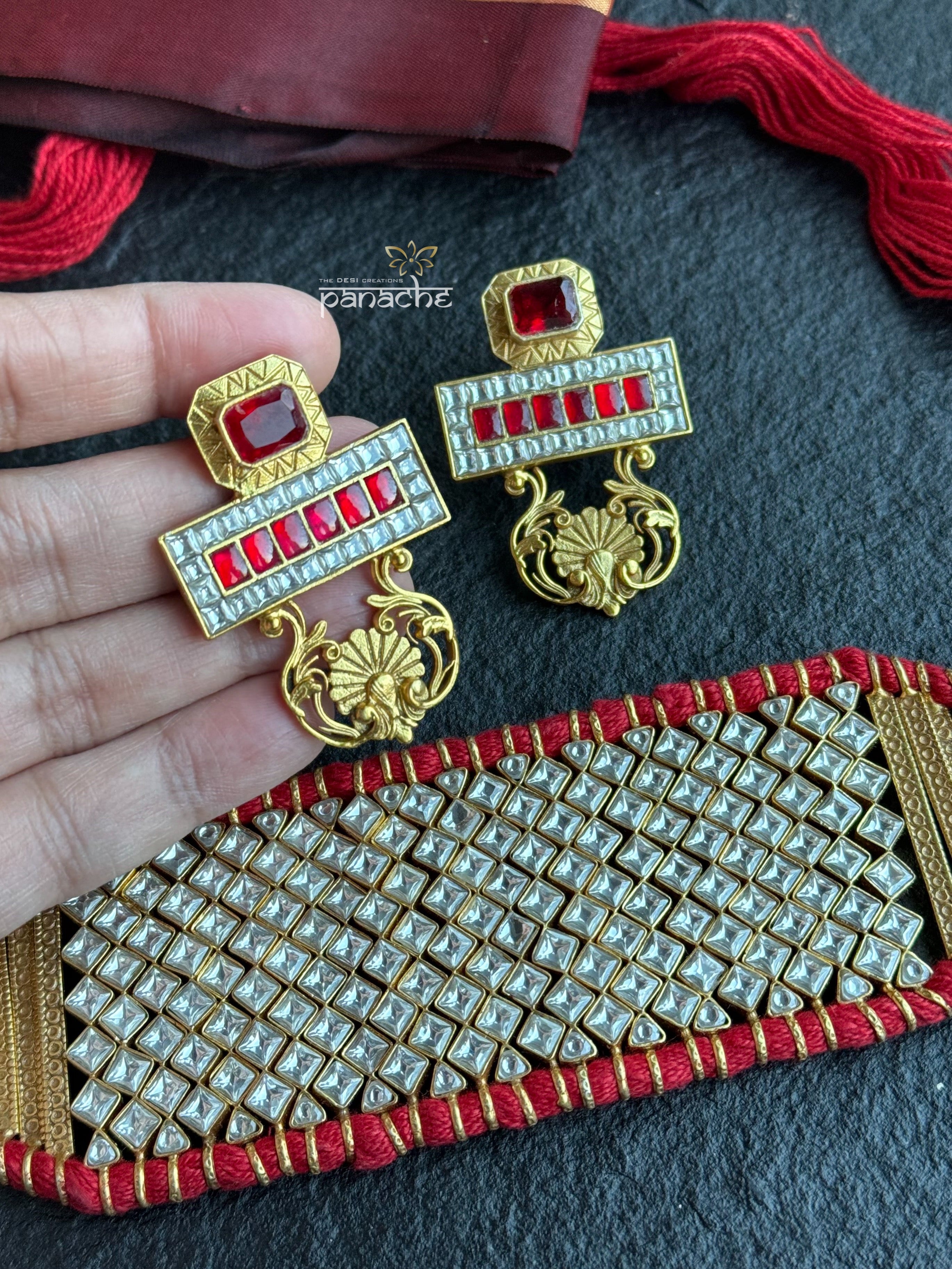 Earring 925 Silver - Gold Red Kundan Stud