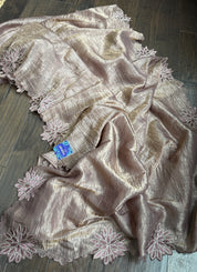 Designer Crushed Tissue Silk - Bronze Brown Appliqué Embroidered