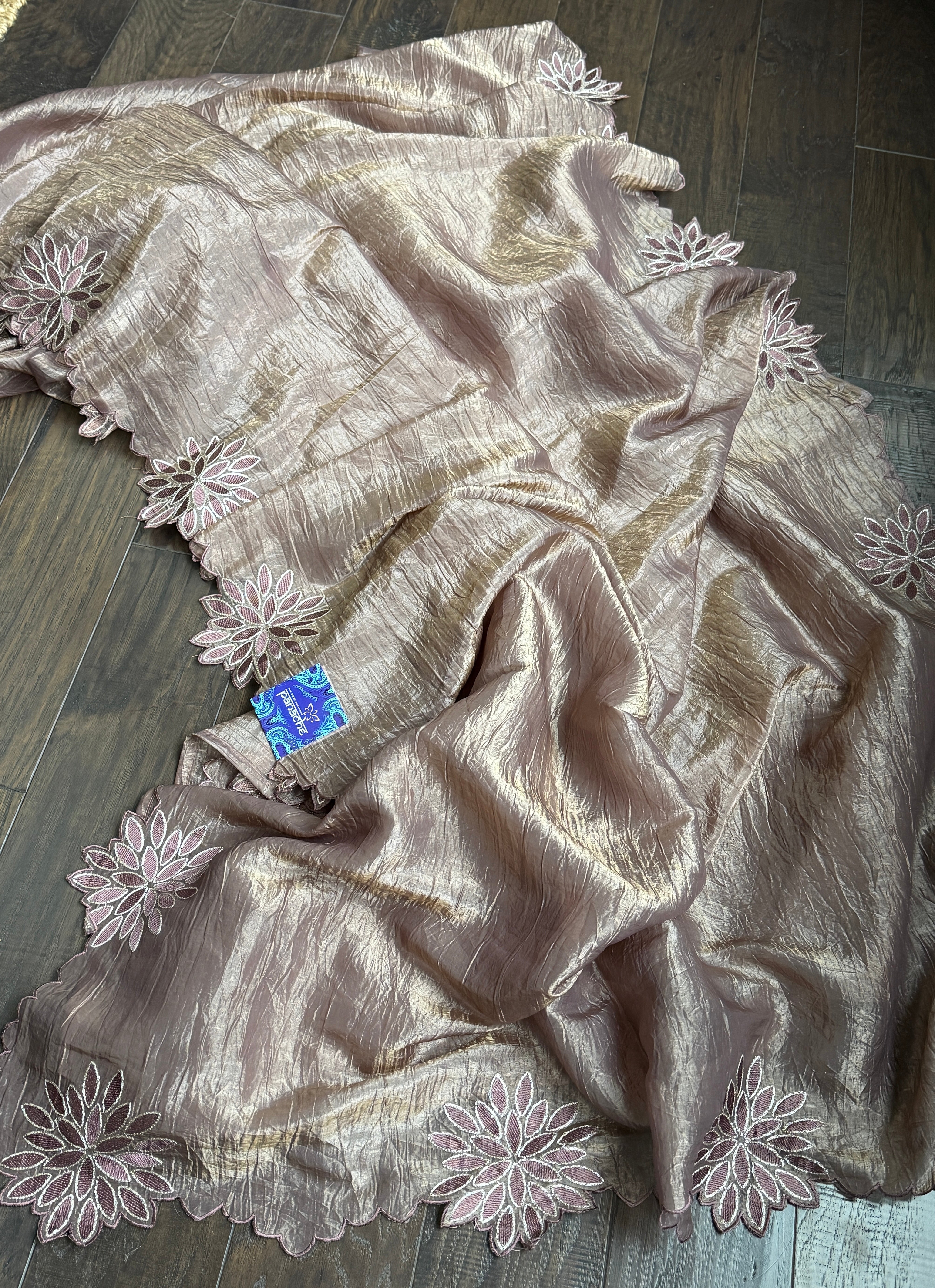 Designer Crushed Tissue Silk - Bronze Brown Appliqué Embroidered