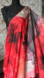 Designer Satin Silk - Red Black Marble Print