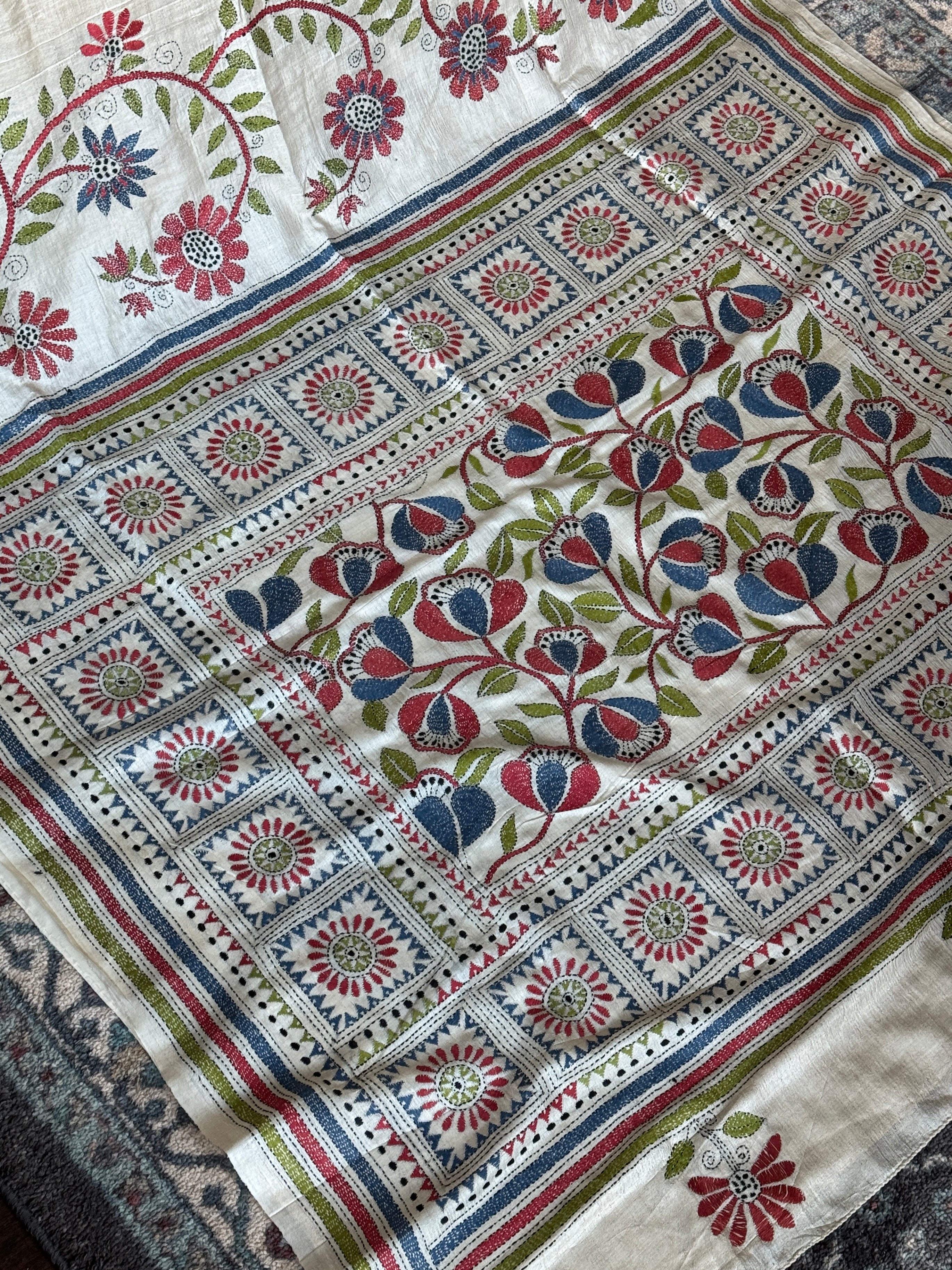 Pure Tussar Silk Kantha Stitch -  Beige Multi color