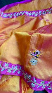 Hand Zardozi Pure Chanderi Pattu Silk - Orange Pink Woven