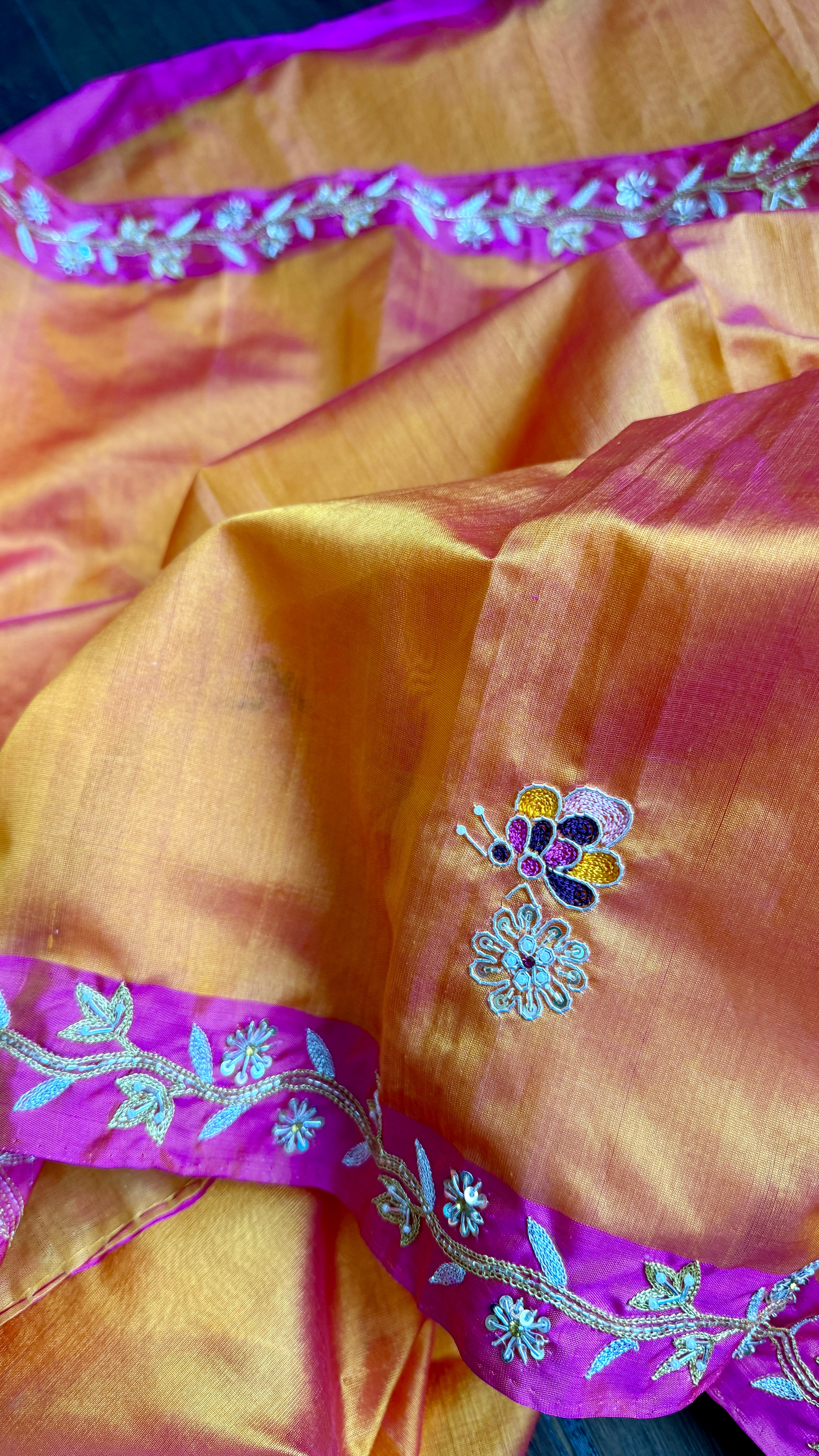 Hand Zardozi Pure Chanderi Pattu Silk - Orange Pink Woven