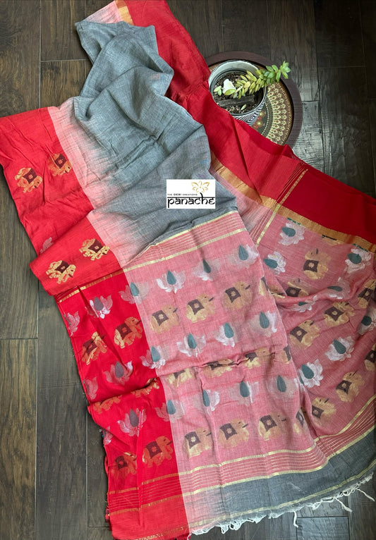 Pure Khadi Cotton Handloom - Grey Red Woven