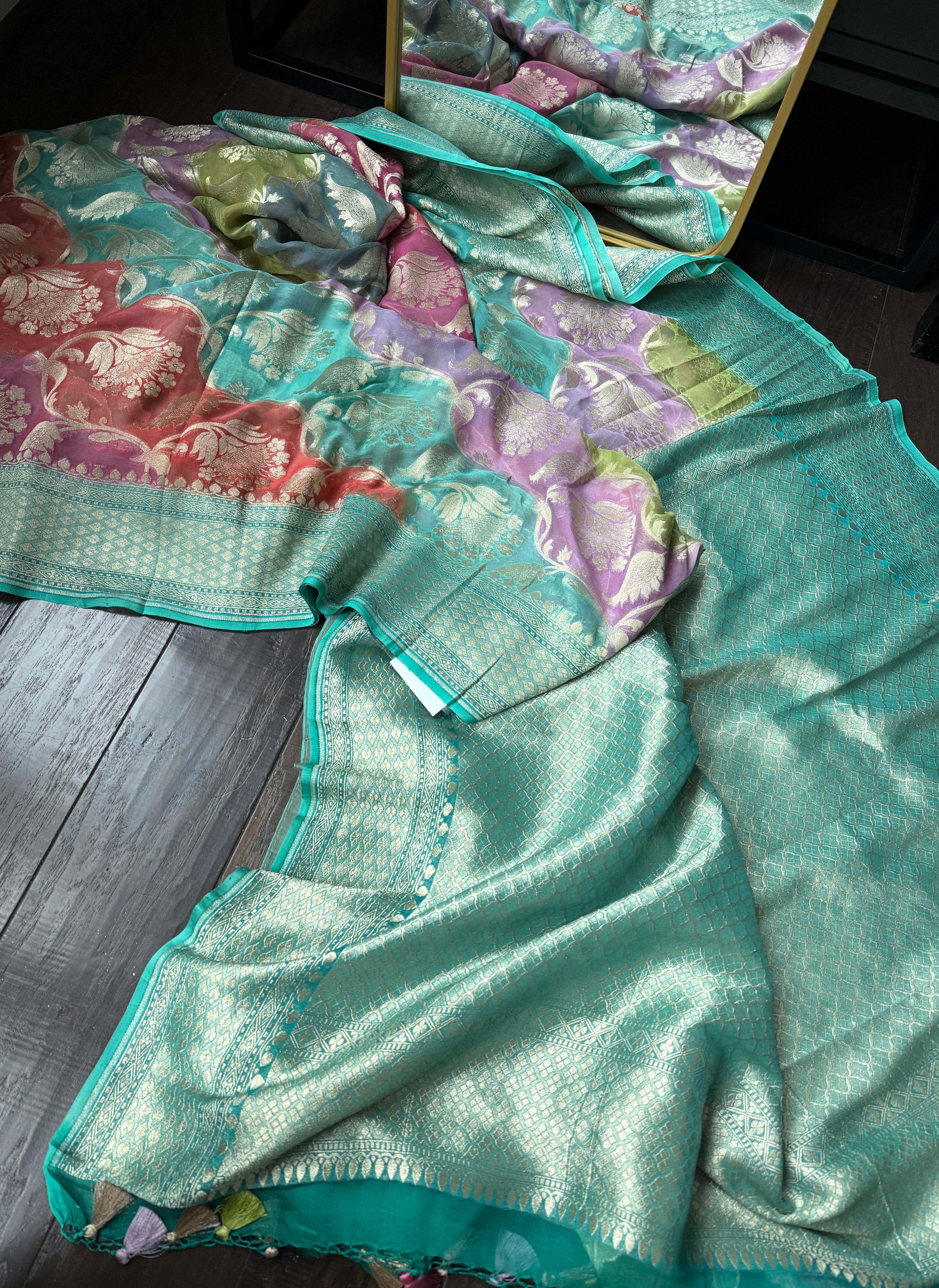 Khaddi Georgette Banarasi - Sea Green Multi color Rangkat