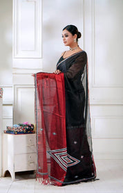 Pure Chanderi Cotton Tissue Silk - Black Red Hand Zardozi