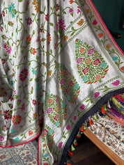 Khaddi Tussar Banarasi -  Silver Black Green Meenakari