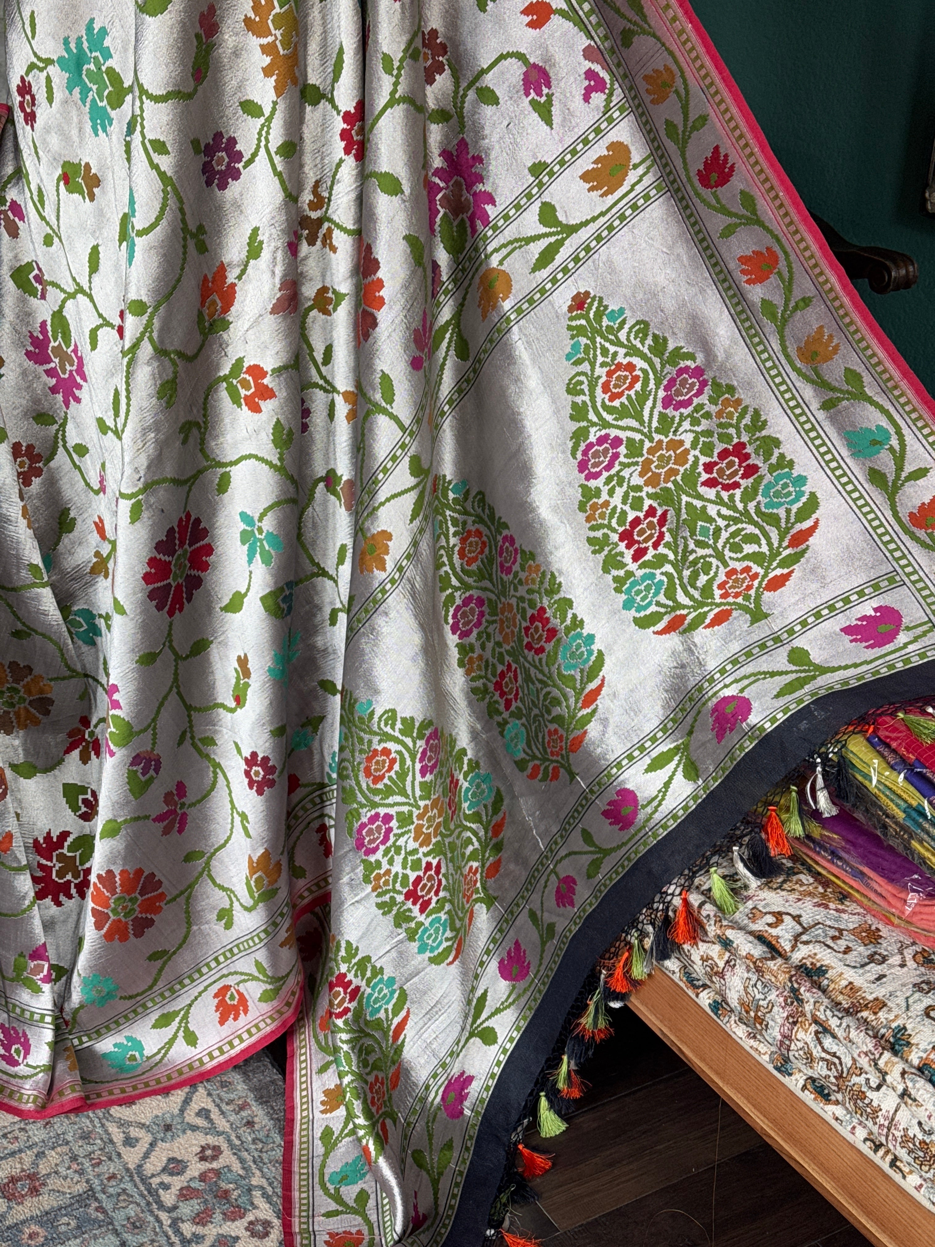 Khaddi Tussar Banarasi -  Silver Black Green Meenakari