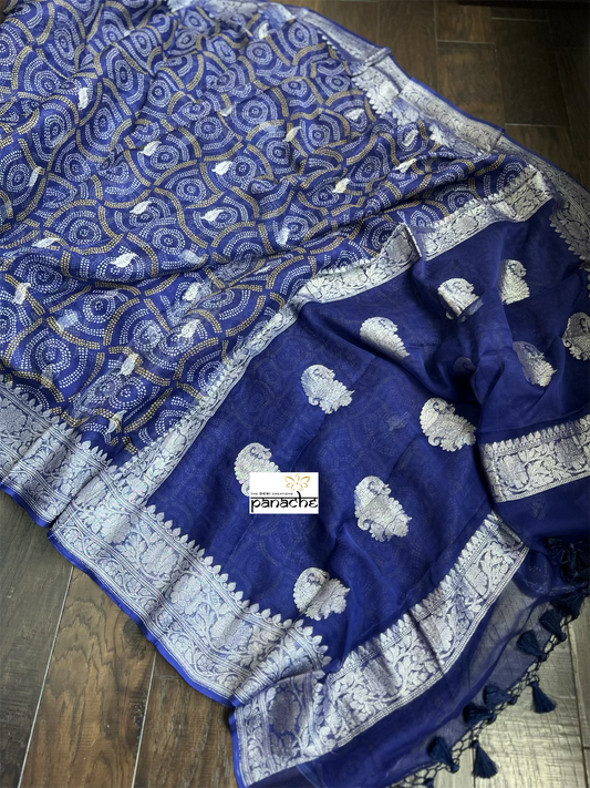 Khaddi Chiffon Banarasi - Purplish Blue Bandhej Printed
