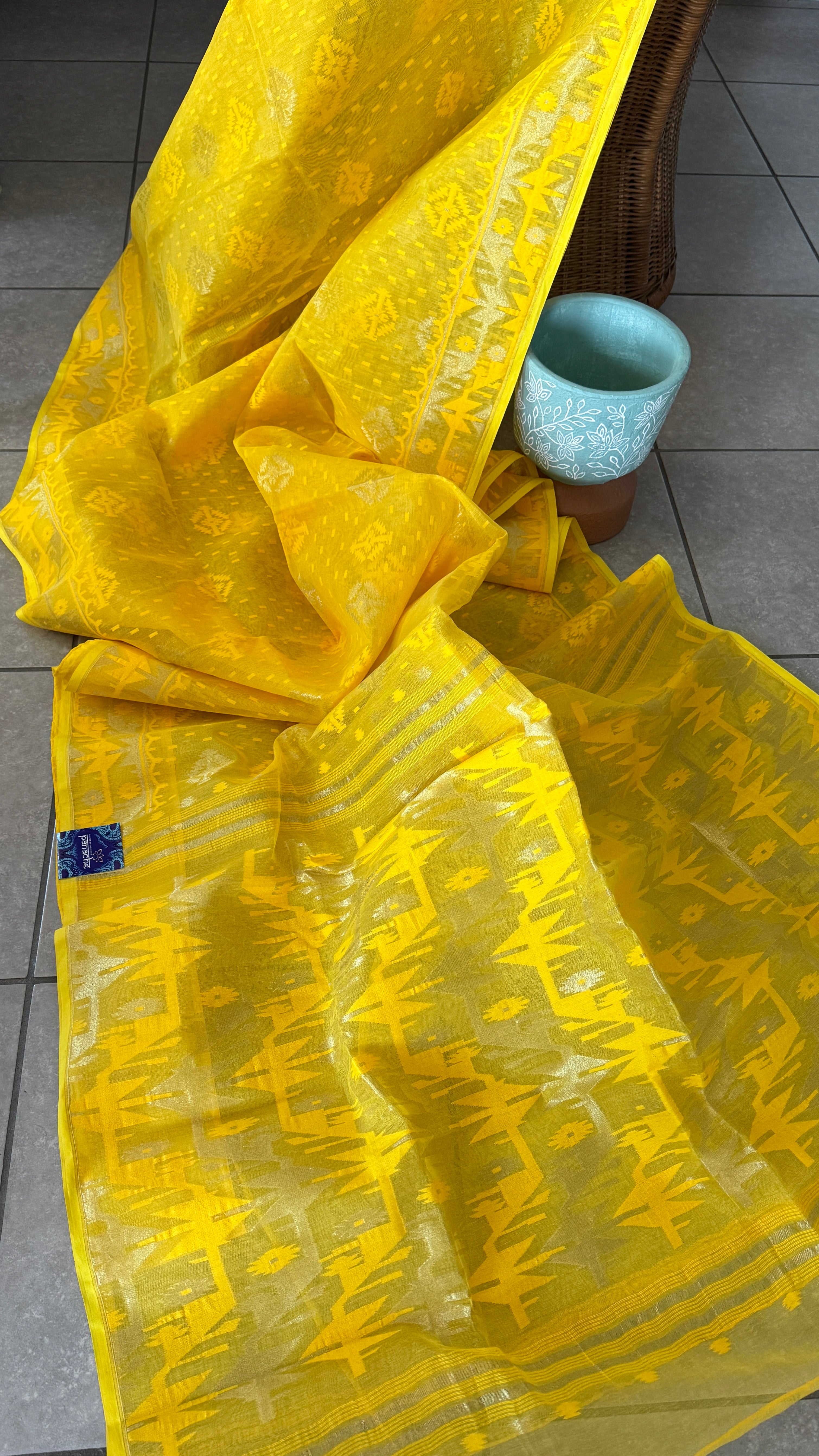 Dhakai Jamdani  - Yellow Silver Zari  Woven