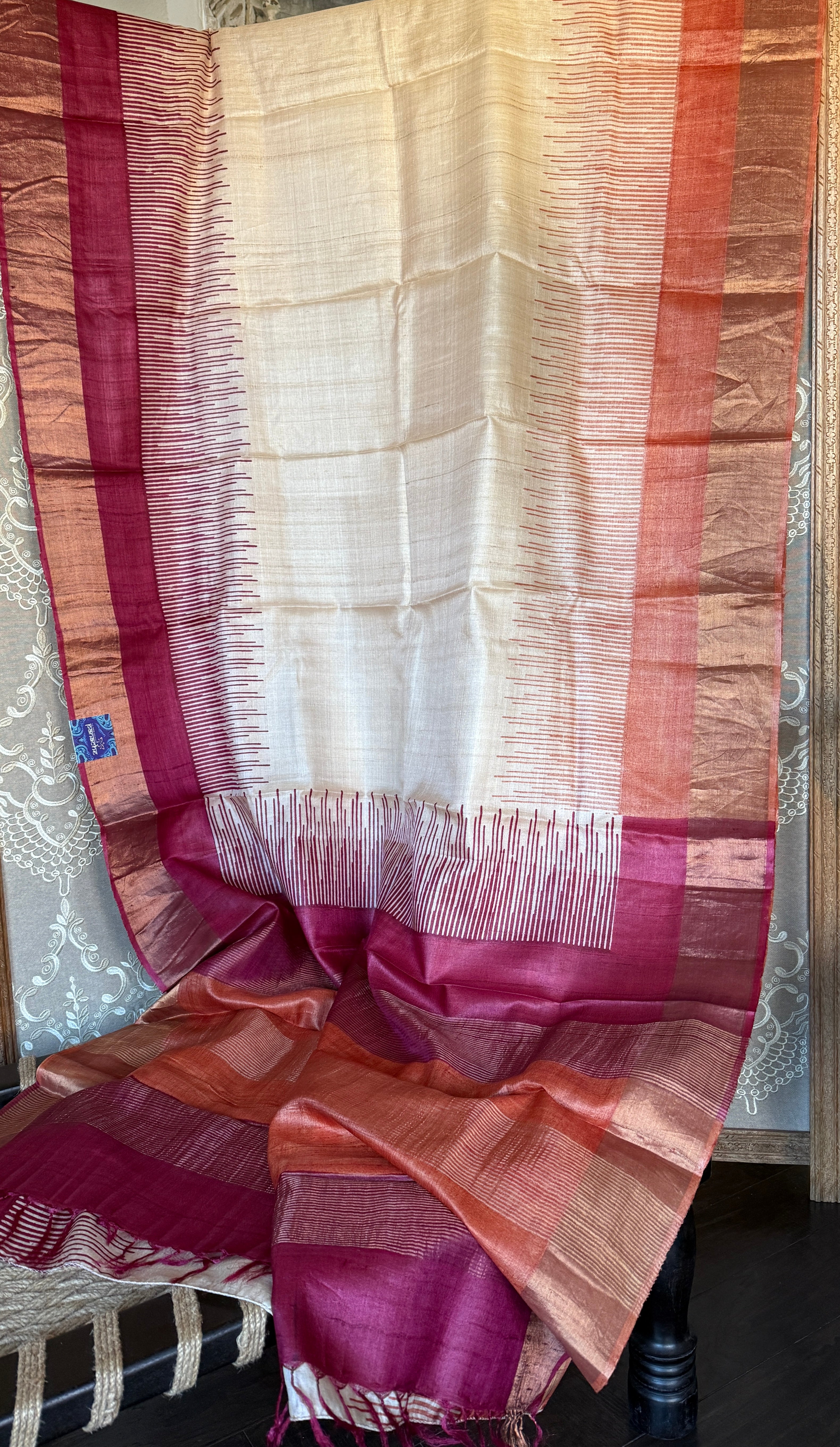 Pure Tussar Silk Hand Block Printed - Beige Rust Wine