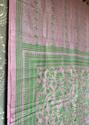 Pure Tussar Silk Kantha Stitch -  Light Pink Green