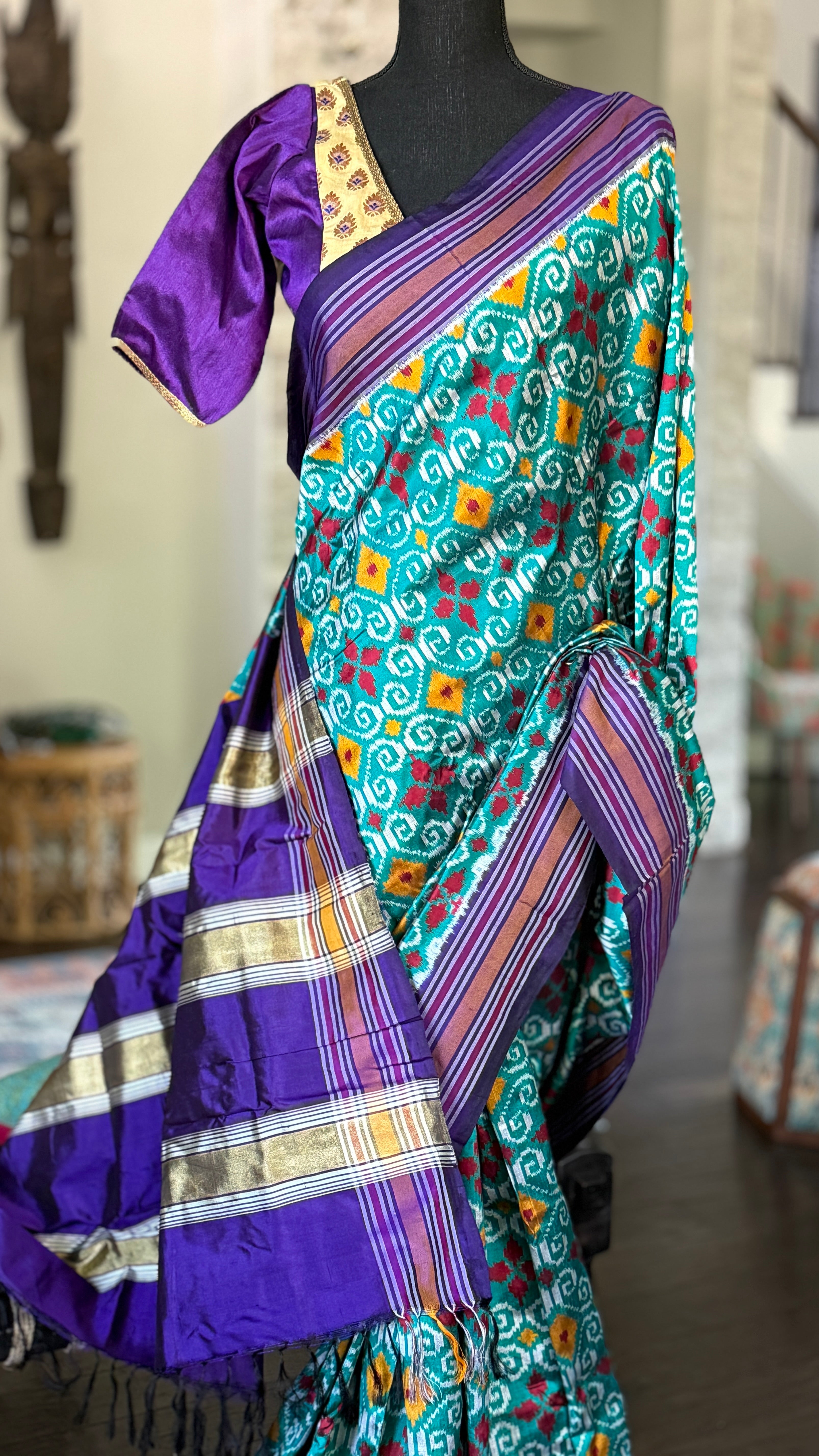 Pure Silk Ikat - Sea Green Purple Pochampally