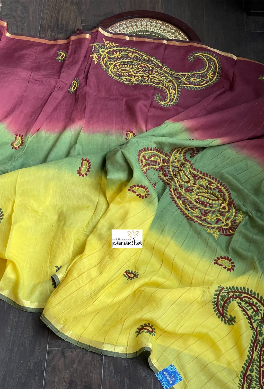 Pure Khadi Cotton - Green Yellow Hand Embroidered