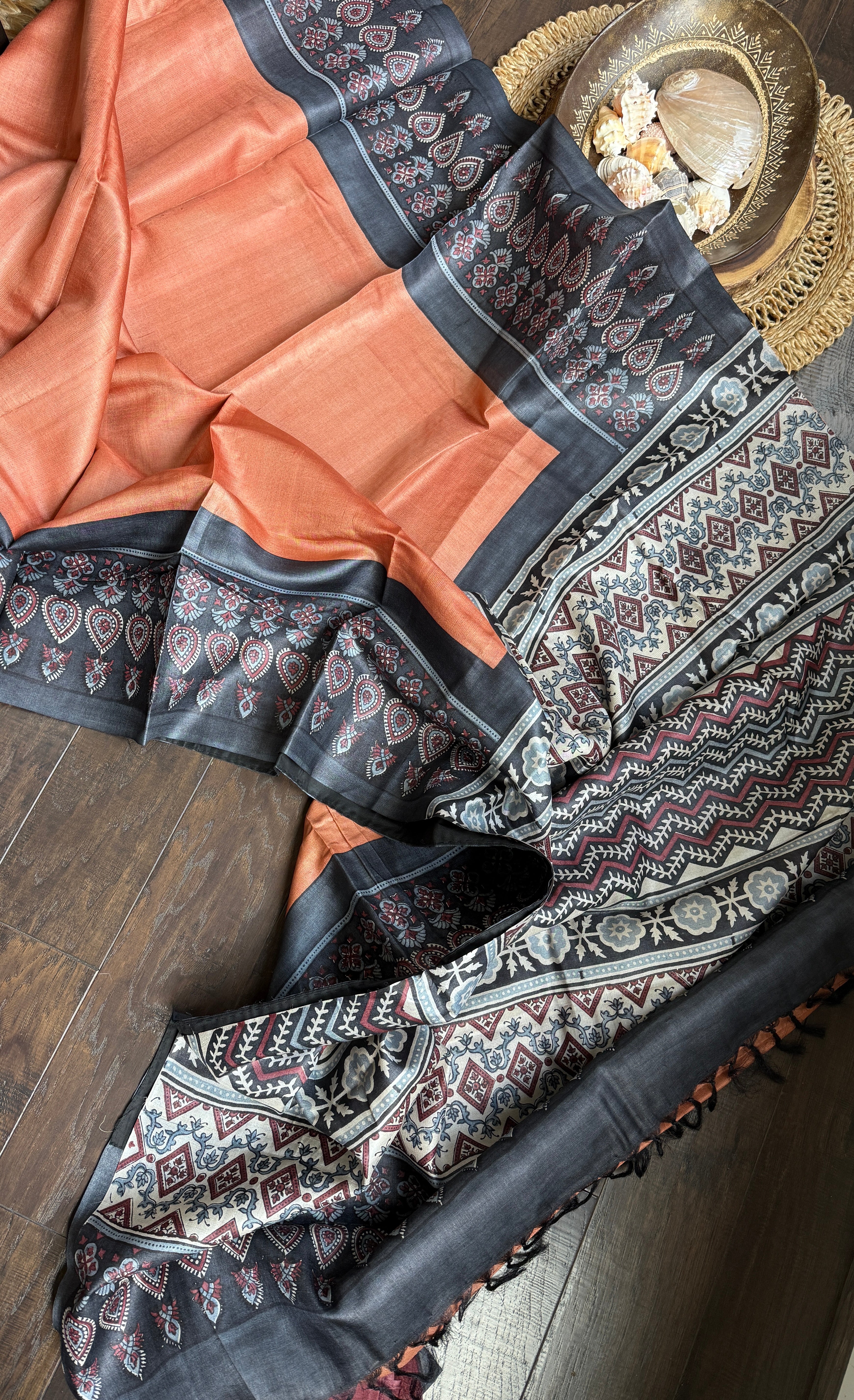 Pure Tussar Silk - Rust Orange Black Ajrakh