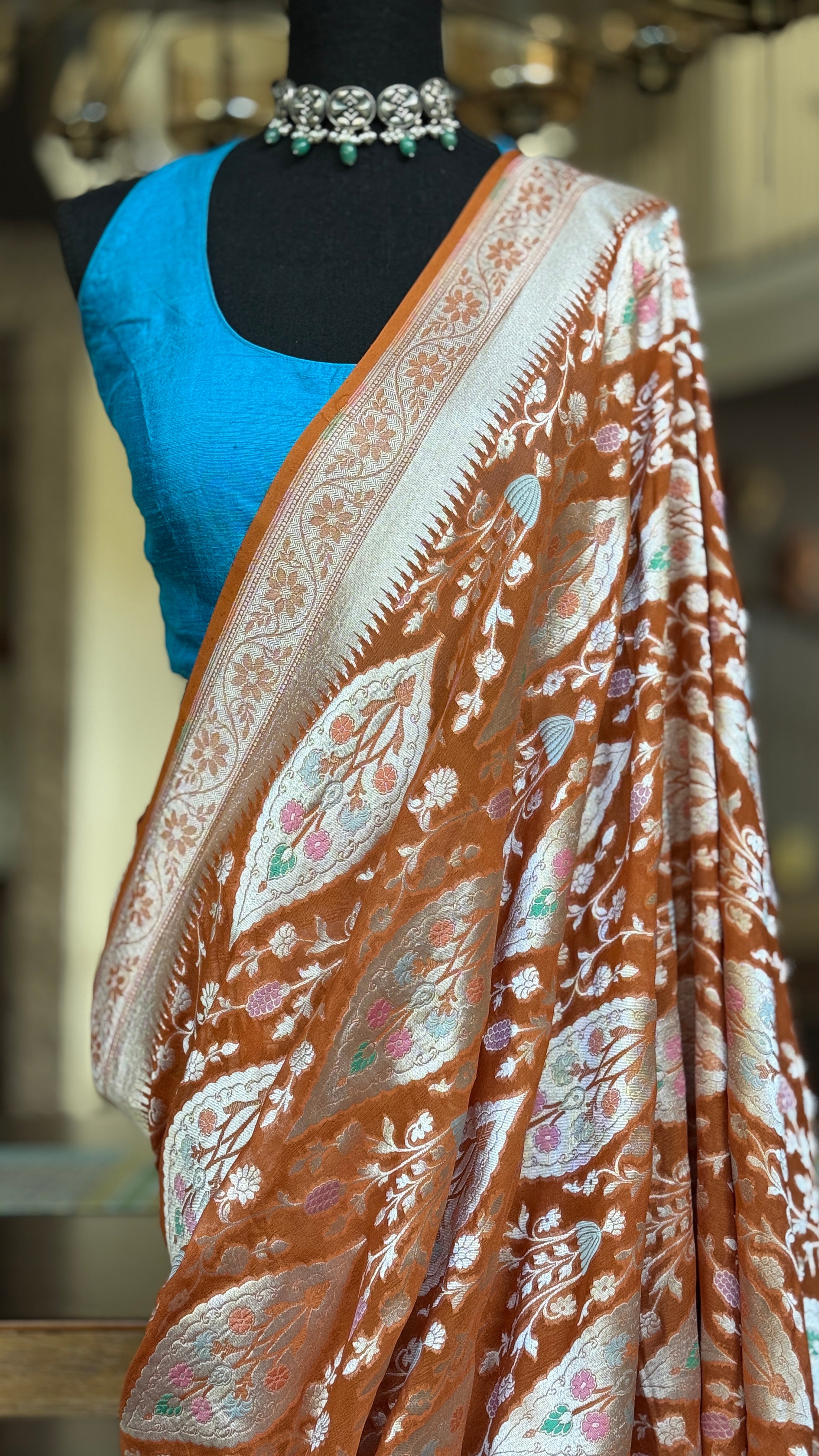 Khaddi Georgette Banarasi - Light Orange Hand Brush Painted