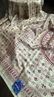 Pure Tussar Silk Kantha Stitch -  Tan Beige Maroon Worli Art