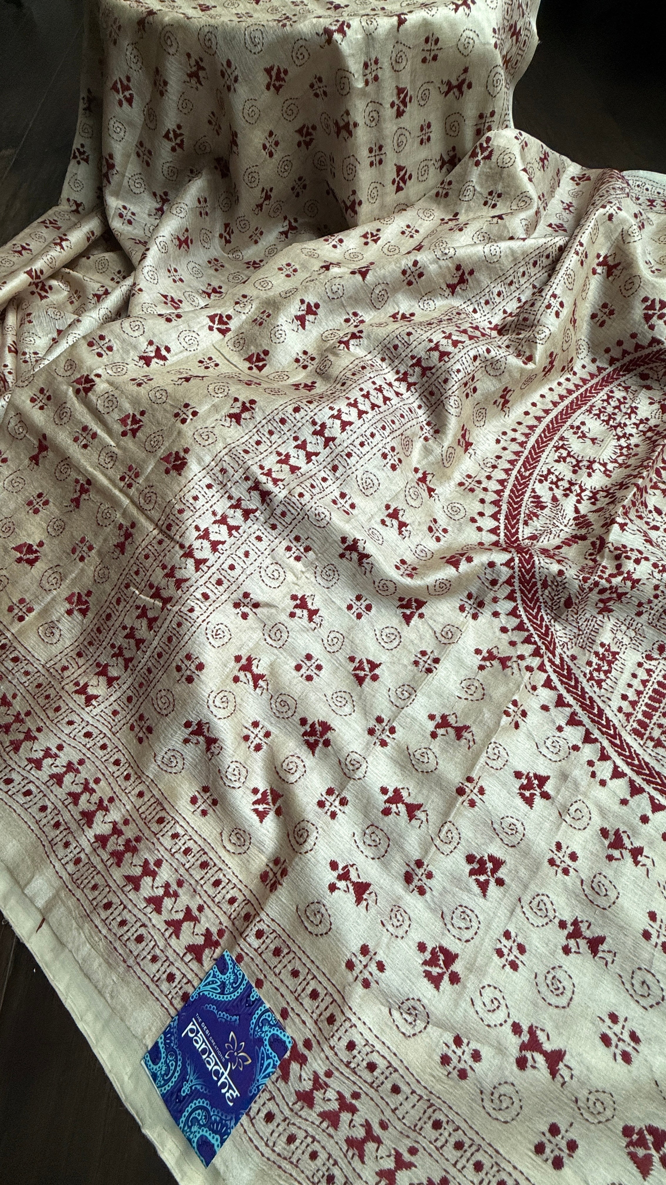 Pure Tussar Silk Kantha Stitch -  Tan Beige Maroon Worli Art