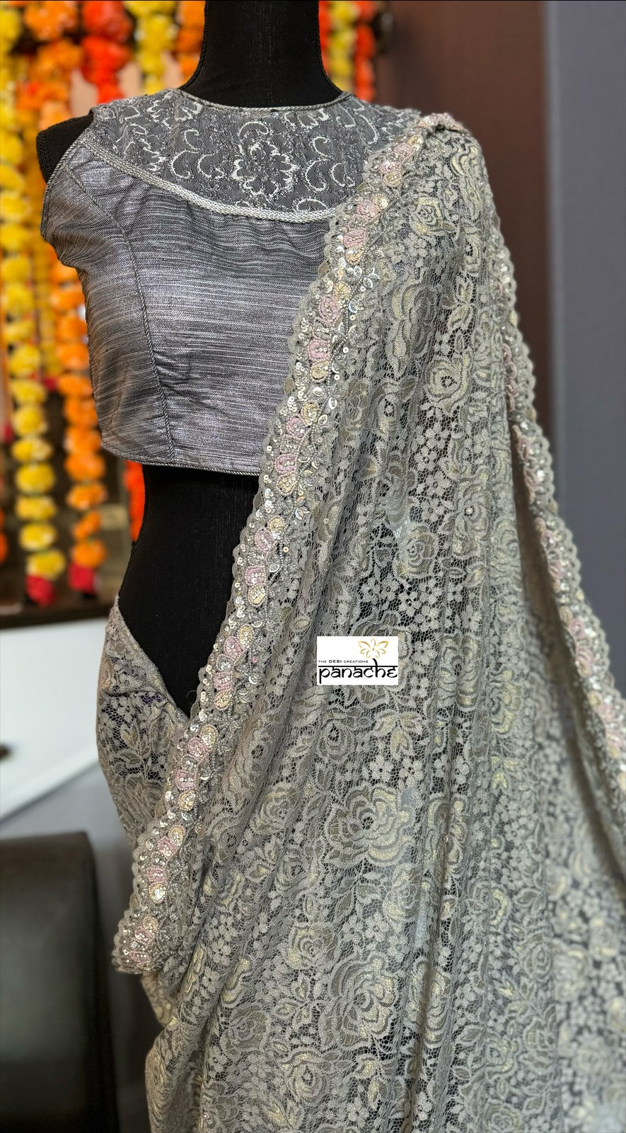 Designer Chantily Lace Saree - Grey Hand Embroidered