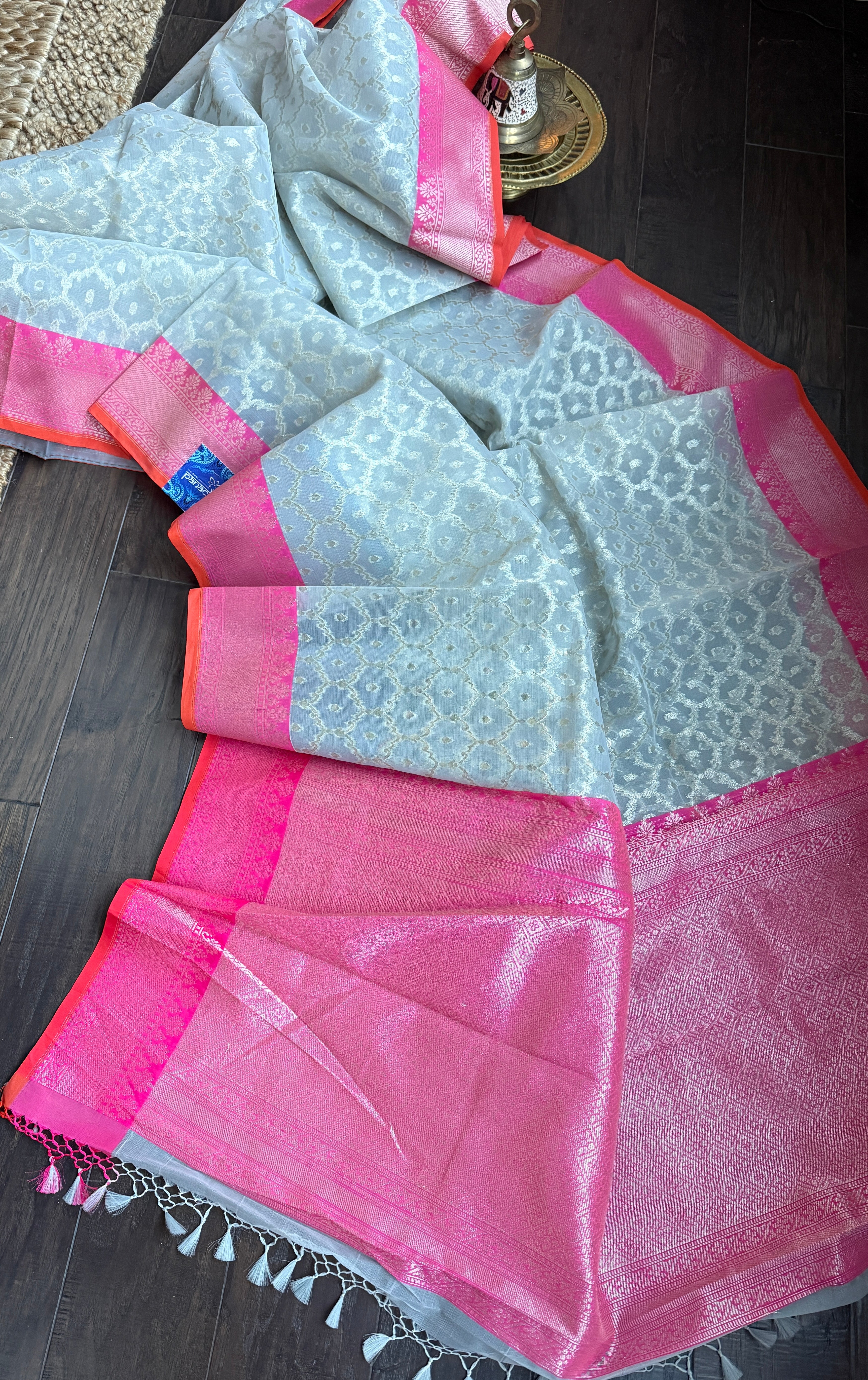 Kora Silk Banaras Chanderi - Grey Pink