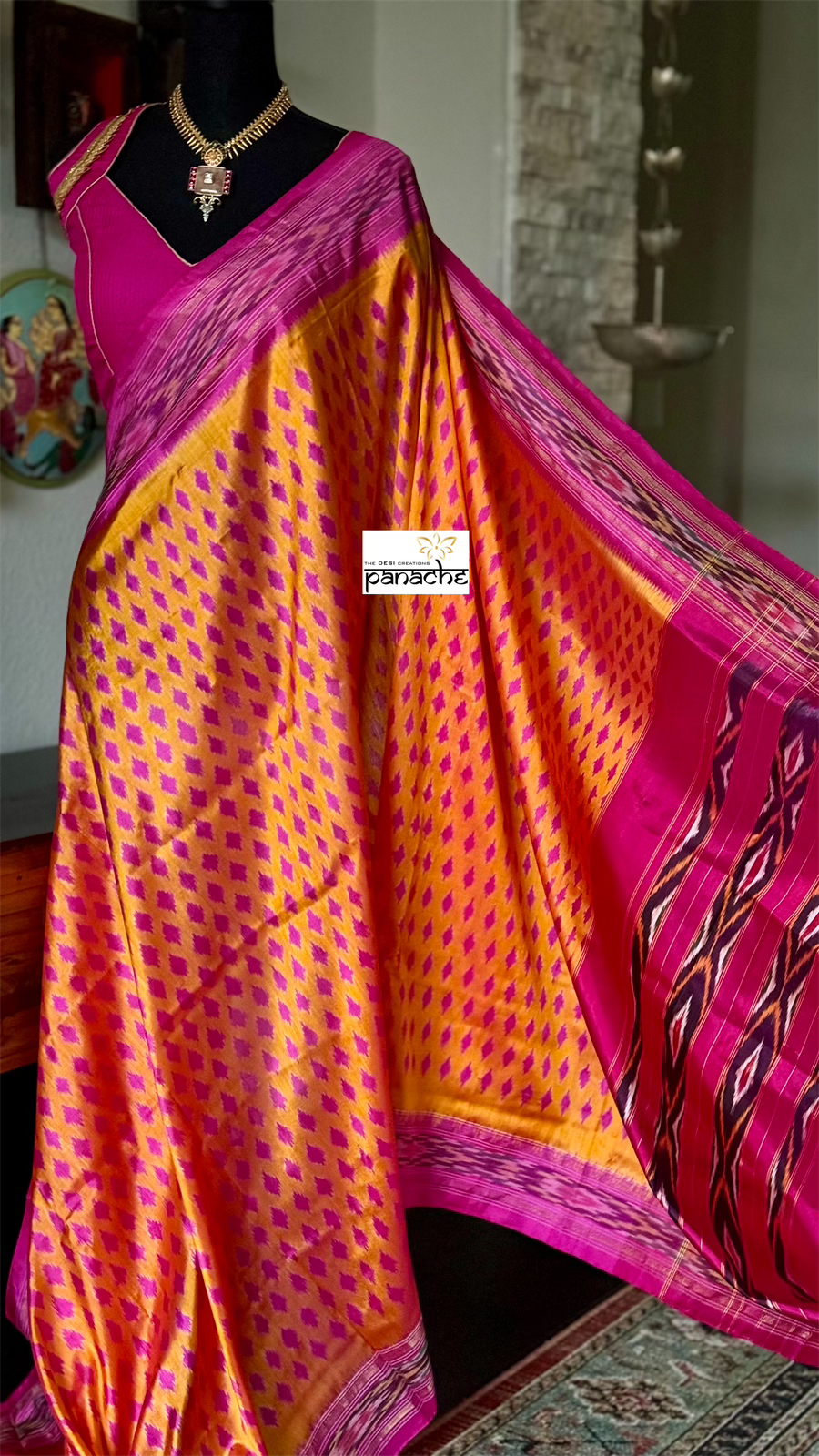 Pure Silk Sambalpuri Ikat - Orange Pink Pochampally