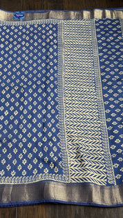 Printed Muga Cotton Silk Banaras  - Blue Paisley