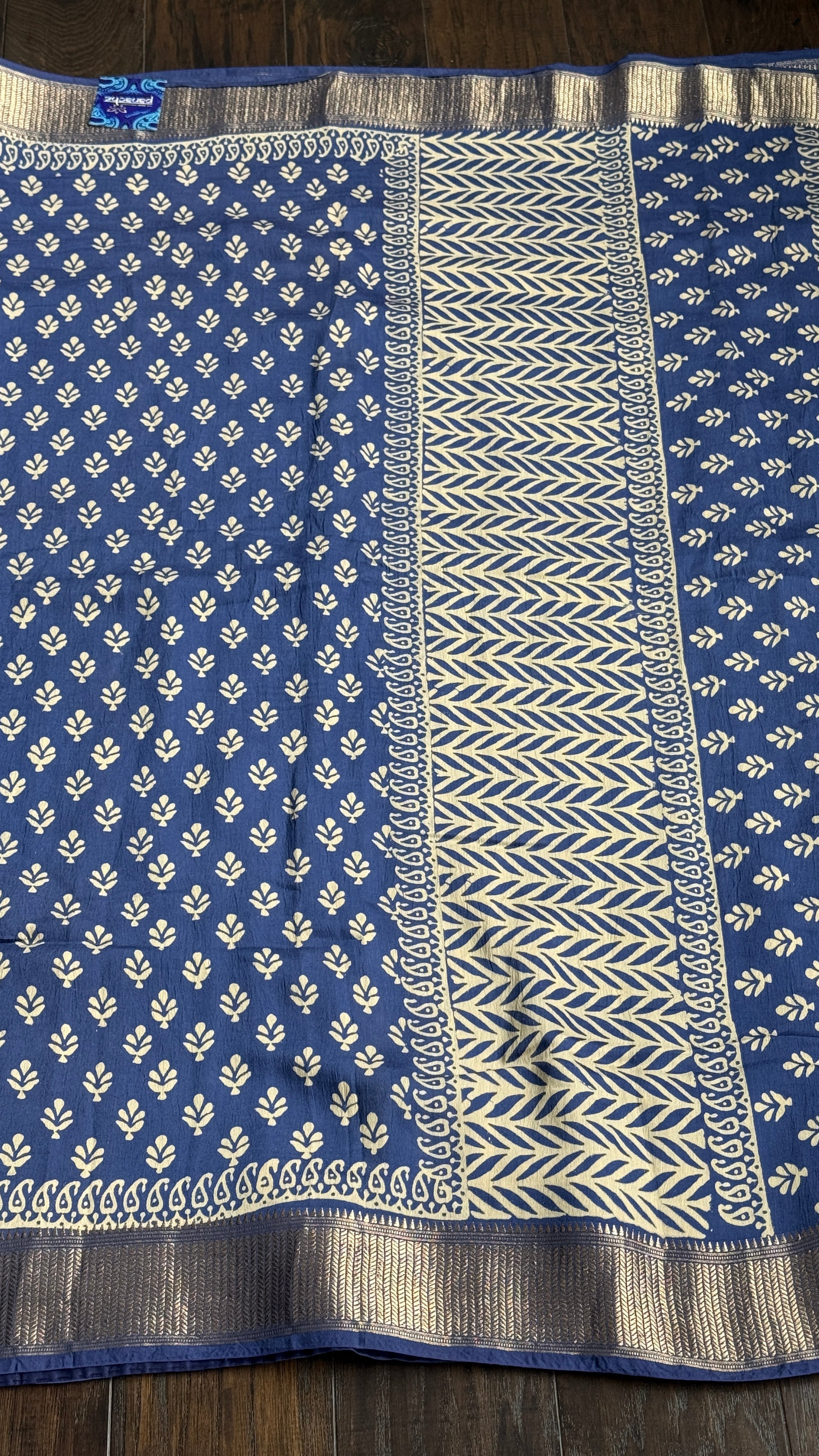 Printed Muga Cotton Silk Banaras  - Blue Paisley